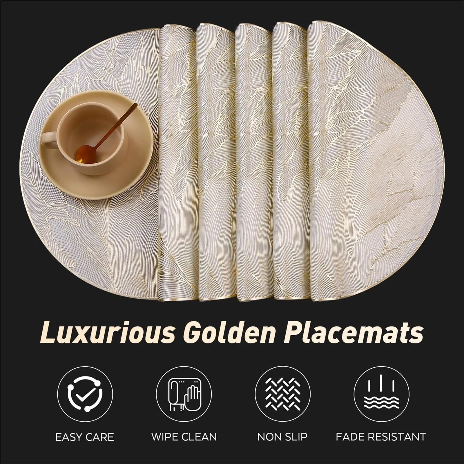 Manteles Individuales Redondos, manteles de Mesa Dorados Lavables prensados ​​con Plumas, Lugar Hoja Comedor for decoración for Fiesta Boda y Vacaciones(6PCS)