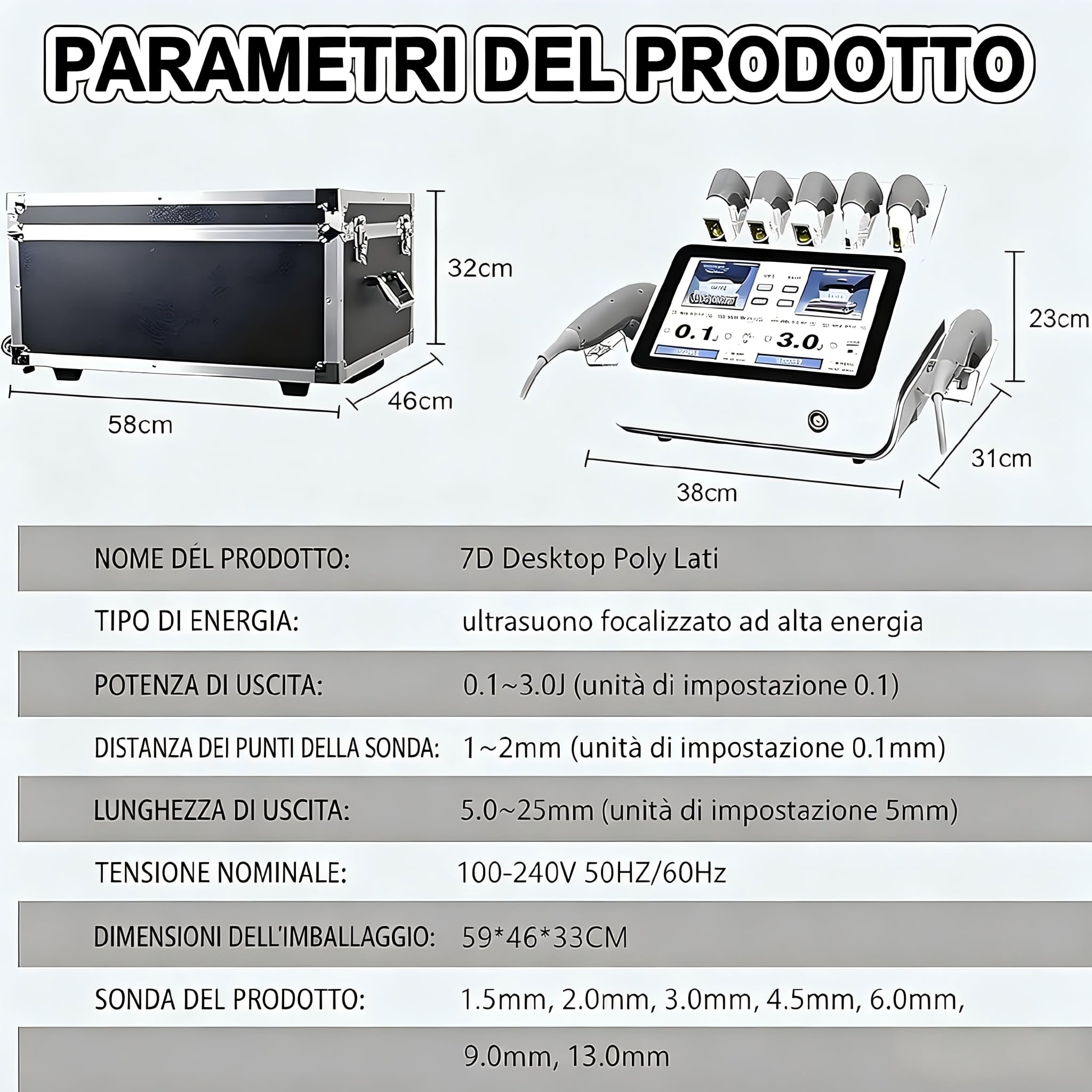Macchina 7D HIFU Non Invasiva Lifting Viso Corpo Sonde 1.5-13mm Riduzione Rughe Certificata CE