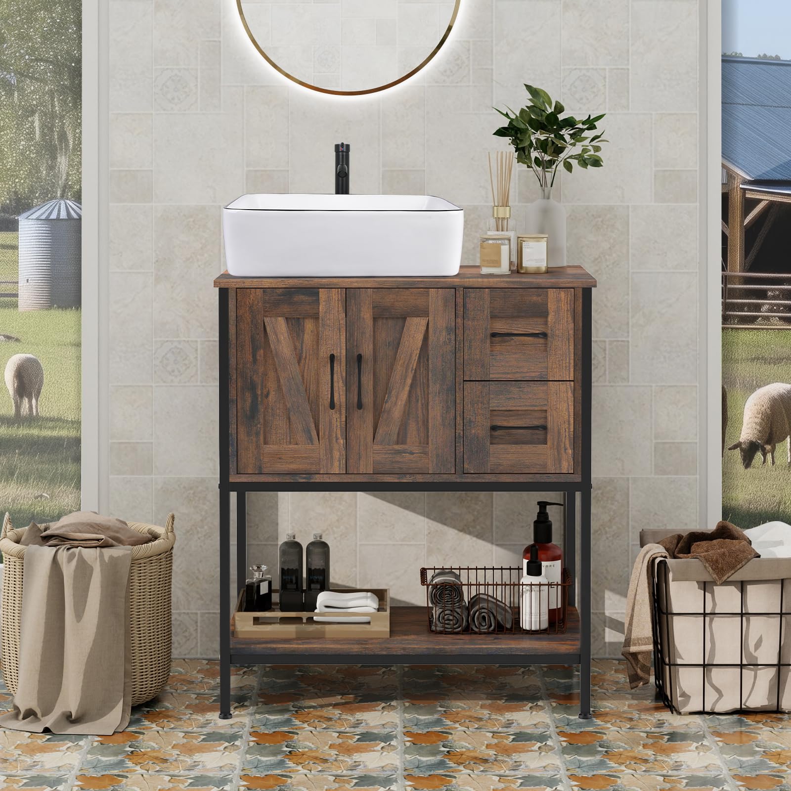YOURLITE 30 inch Rustic Vanity with White Ceramic Vessel Sink