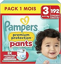 Pampers Premium Protection Pants Taille 3, 192 Couches-Culottes, 6kg-11kg, Maintien 360° et Barrières Anti-fuites Douces 2 fois plus larges, Meilleur Confort et Protection, Pack 1 Mois