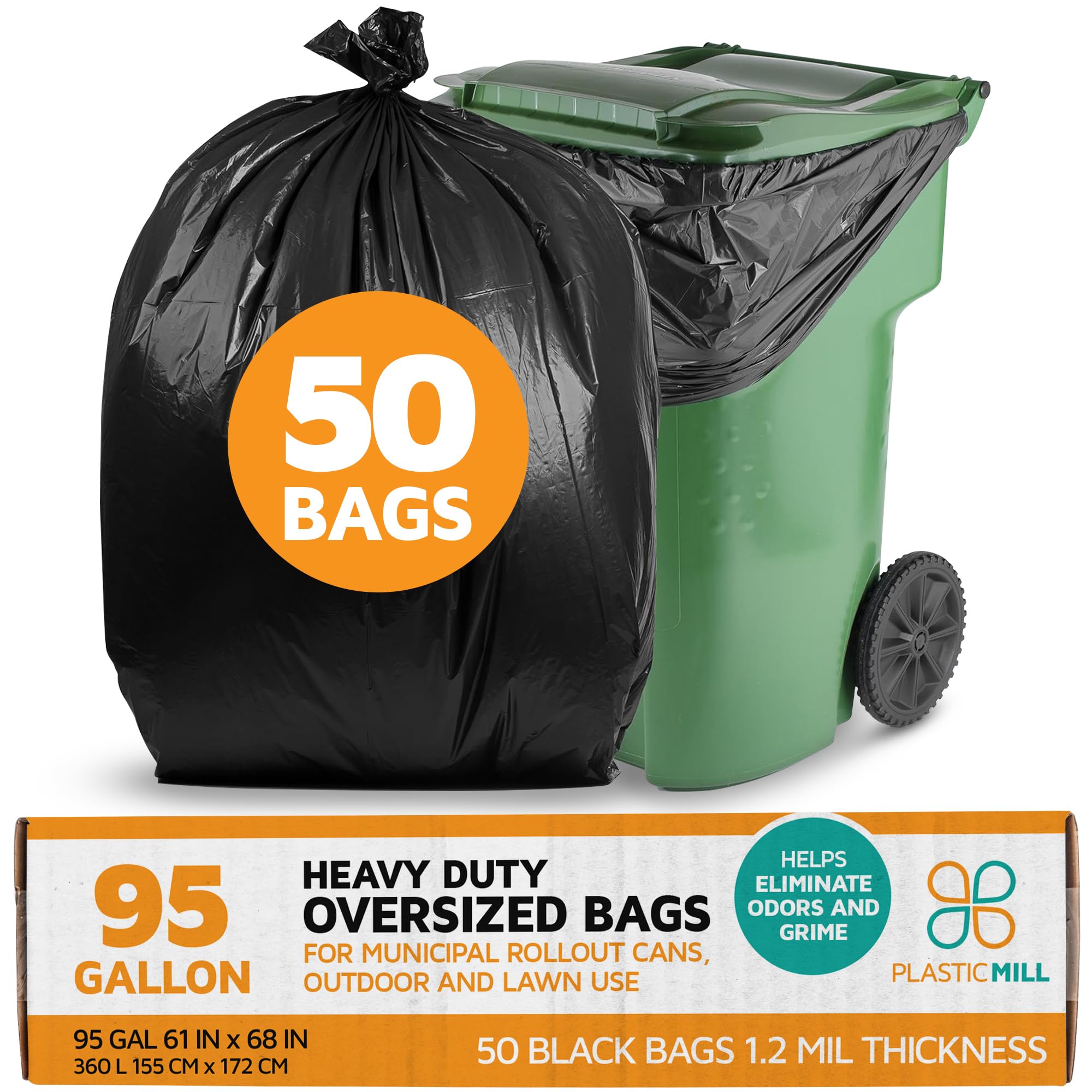 PlasticMill 95 galones 61X68, 50 Bolsas/Casos, Bolsas de Basura/Bote de Basura revestimientos. 1.2 Mil Negro
