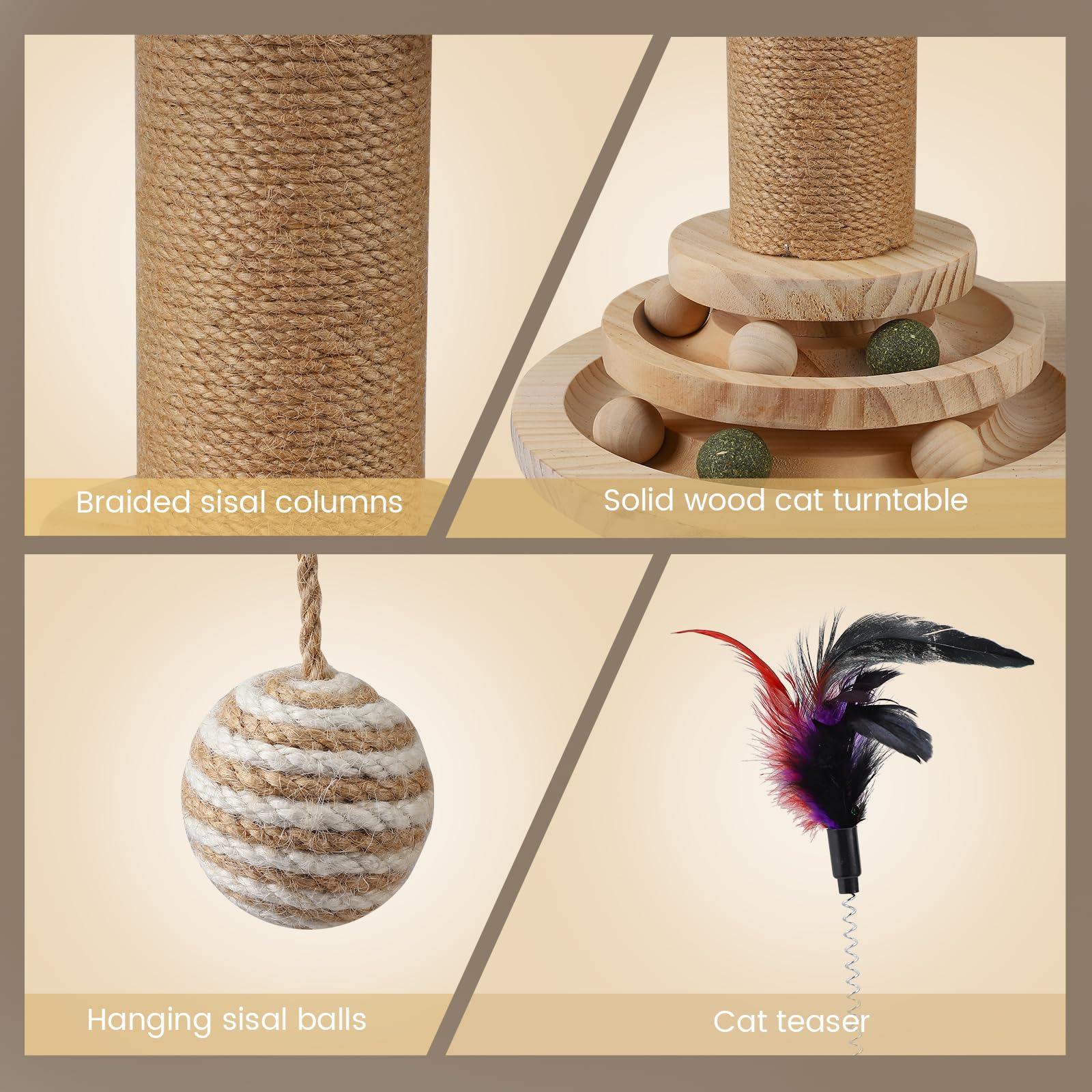 Juego de Juguetes interactivos 6 en 1 para Gatos con Pelota giratoria, Plumas, sisal y Yute Poste rascador, Tabla rascadora y Juguete, Mueble rascador, Juguete de Madera para Gatos con Plumas
