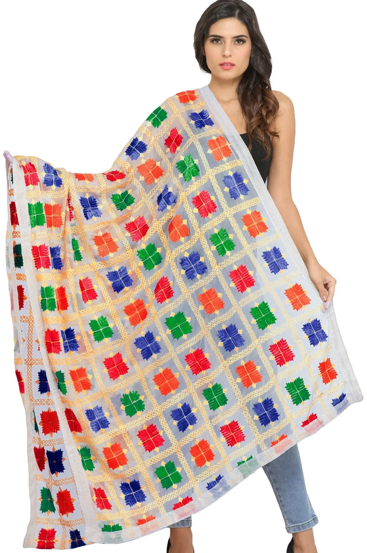 Chiffon Phulkari Dupatta with All-Over Hand Embroidery Elegant Design Stole, Chunni for Women's-image-29