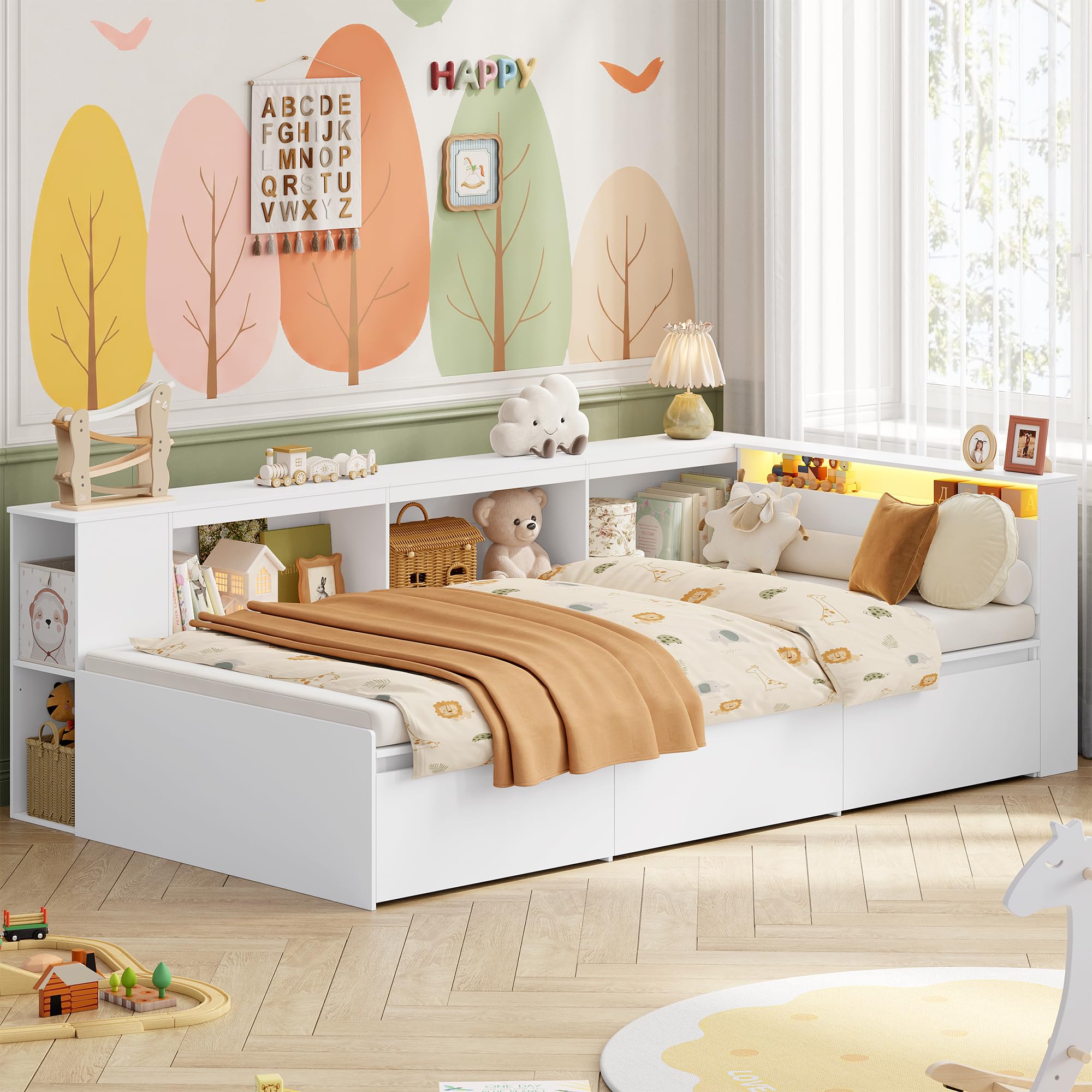 FOREHILL 90x200 cm Letto Montessori Bambini con Luci a LED, Letti Bambini con Libreria, Letto Singolo con 3 Cassetti e Scomparti Aperta, Letto da Adolescente, (Materasso non Incluso), Bianco