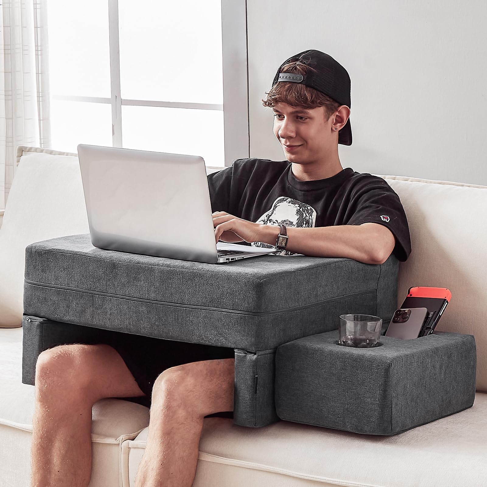 Comehealthy Lap Desk Pillow for Laptop, Large Reading Pillow for Adult, Arm Rest Pillow with Cup Holder, Memory Foam Bed Desk for Working, Gaming, Reading, Laptop Desk for Couch Bed Floor(Grey)