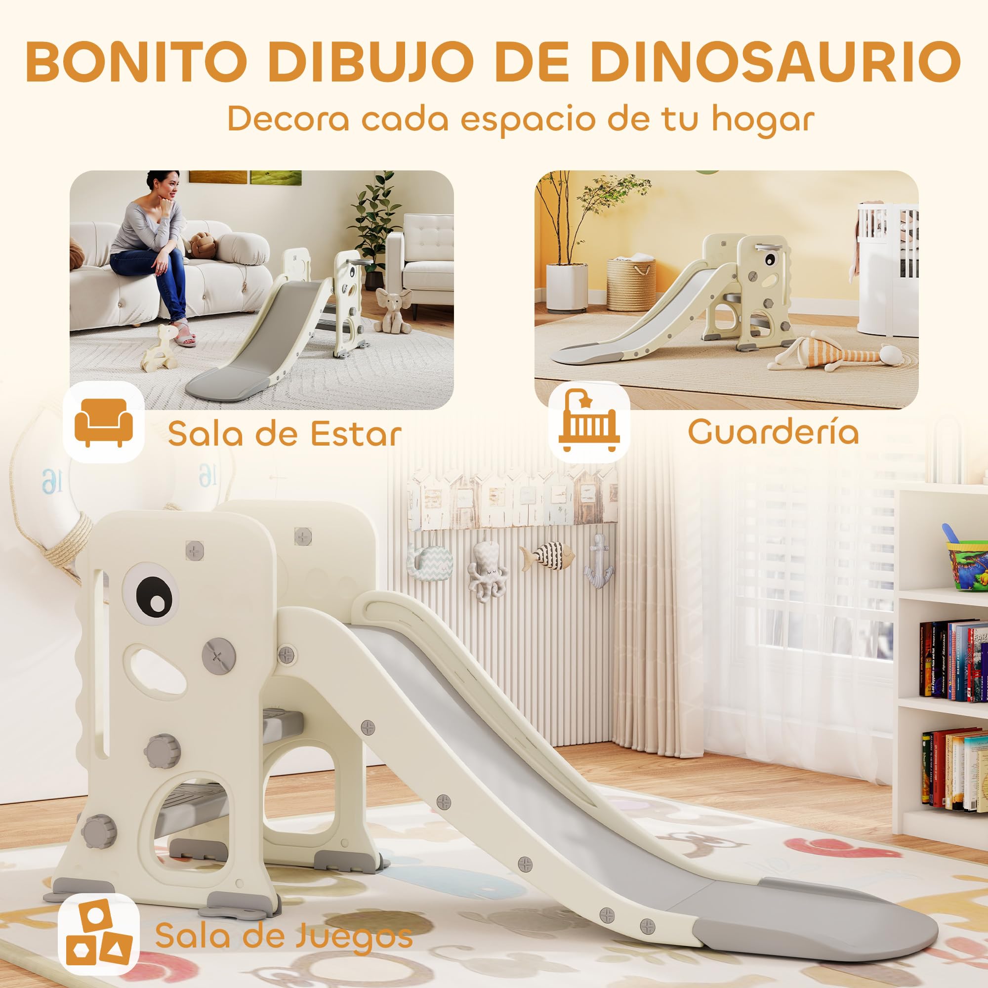 AIYAPLAY Tobogán Infantil 3 en 1 Tobogán para Niños de 2 a 5 Años Plegable con Escalera Canasta de Baloncesto Diseño de Dinosaurio y Hebillas Reforzadas para Interior 146x52x65 cm Blanco Crema