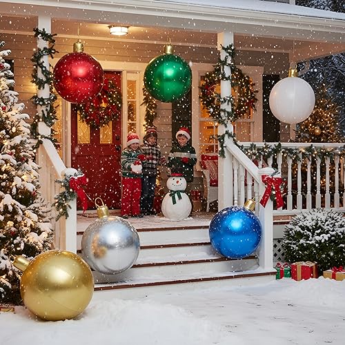 Miniatura 6 de Jetec 6 adornos inflables de Navidad de 17 pulgadas con cubierta de tela con purpurina, adornos grandes de PVC para Navidad, bola de soplado para