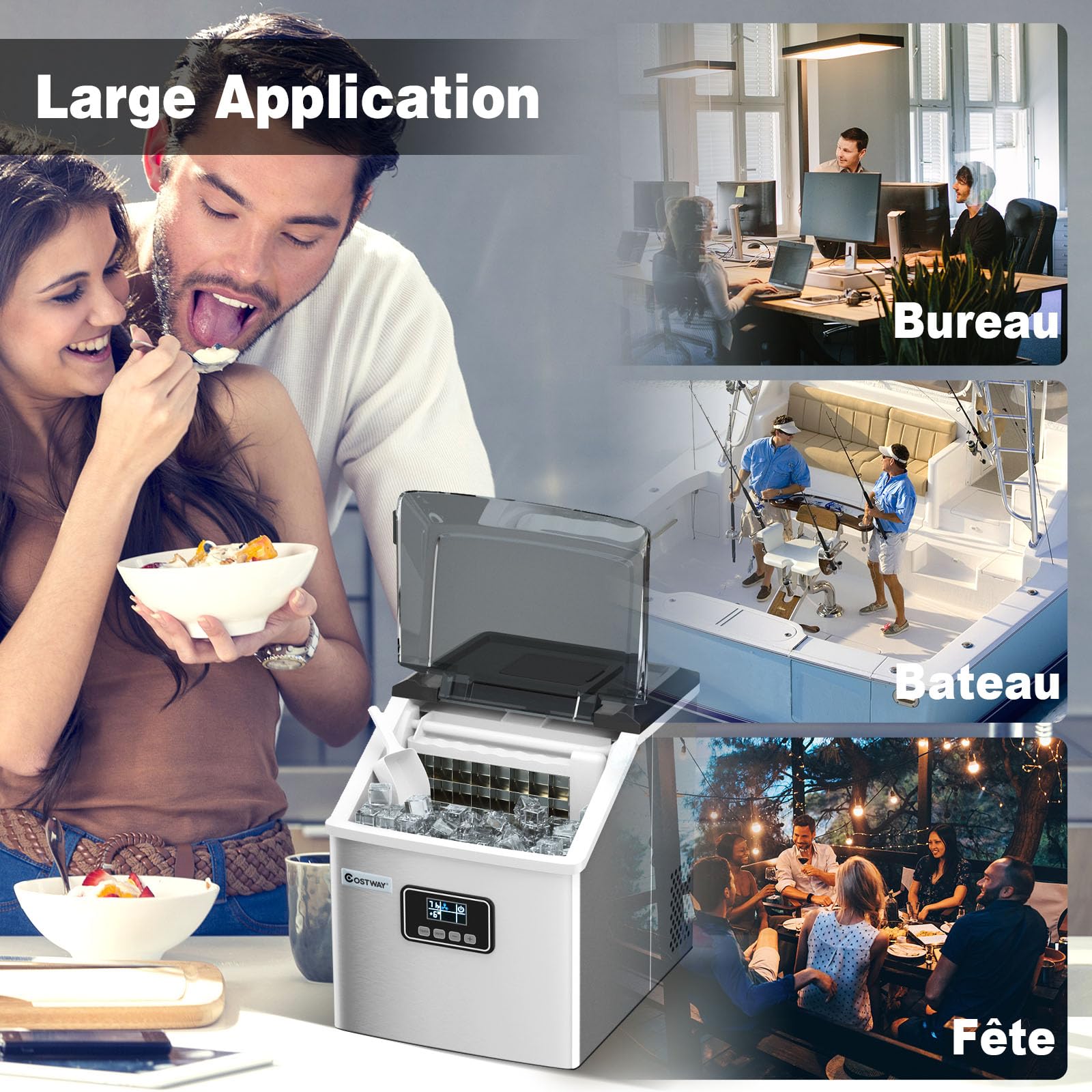 COSTWAY Machine à Glaçons Automatique 18kg/24h, Acier Inoxydable, Cuillère à Glace, Panier, Fonction d'Auto-nettoyage, Ecran LCD, Fonction Minuterie, pour Cuisine, Bar, Café