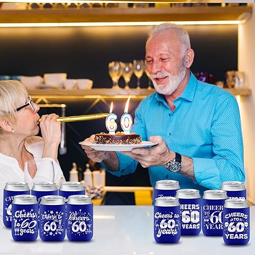 Miniatura 6 de Decoración de manga enfriadora de latas de cumpleaños 60, 24 unidades, funda de cerveza para cubrir feliz 60 cumpleaños, aniversario, fiesta de