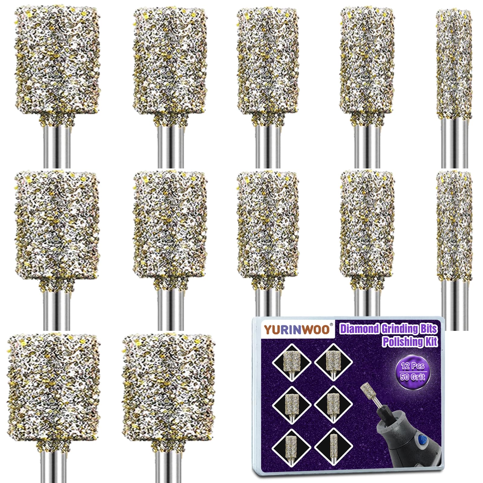 Photo 1 of 12PCS Diamond Grinding Bit Compatible with Dremel, Stone Carving Set with 50Grit Diamond Coated Bits Polishing Kit with 1/8" (3mm) Shank Rotary Tools Accessories for Stone Rocks Jewelry Glass Ceramics