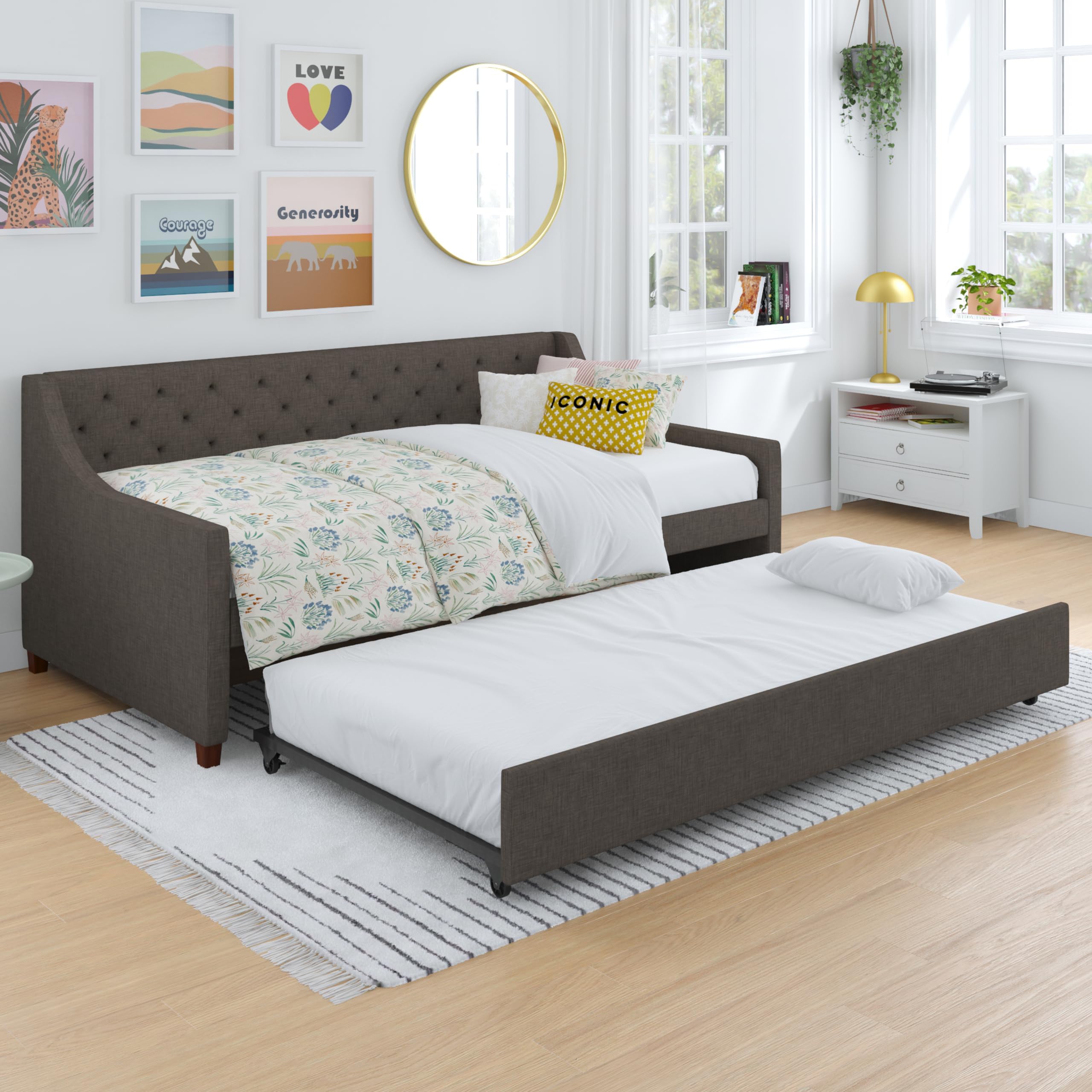 Novogratz Her Majesty Upholstered Daybed and Trundle, Twin over Twin, Grey Linen