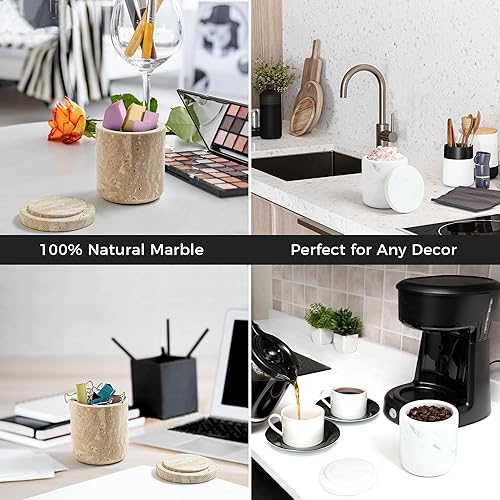 Miniatura 5 de WORHE Contenedor de mármol con tapa, soporte natural para hisopos de algodón, bolas, almohadillas, púas de hilo dental, sales de baño, organizador