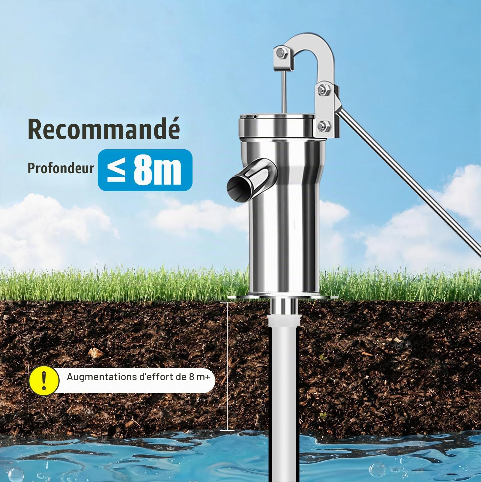 Pompe à eau manuelle pour puits avec tuyau 10m et support 58cm Pompe | jardin en acier inoxydable Kit complet pour eau de puits eau de pluie jardin ferme extérieur