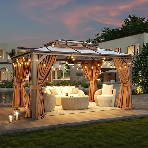 Aoxun 10'x14' Hardtop Gazebo, Aluminum Frame Permanent Pavilion with Curtains and Netting, Outdoor Polycarbonate Double Roof Canopy with Ceiling Fan, Designed for Lawn, Garden, Patio, Brown