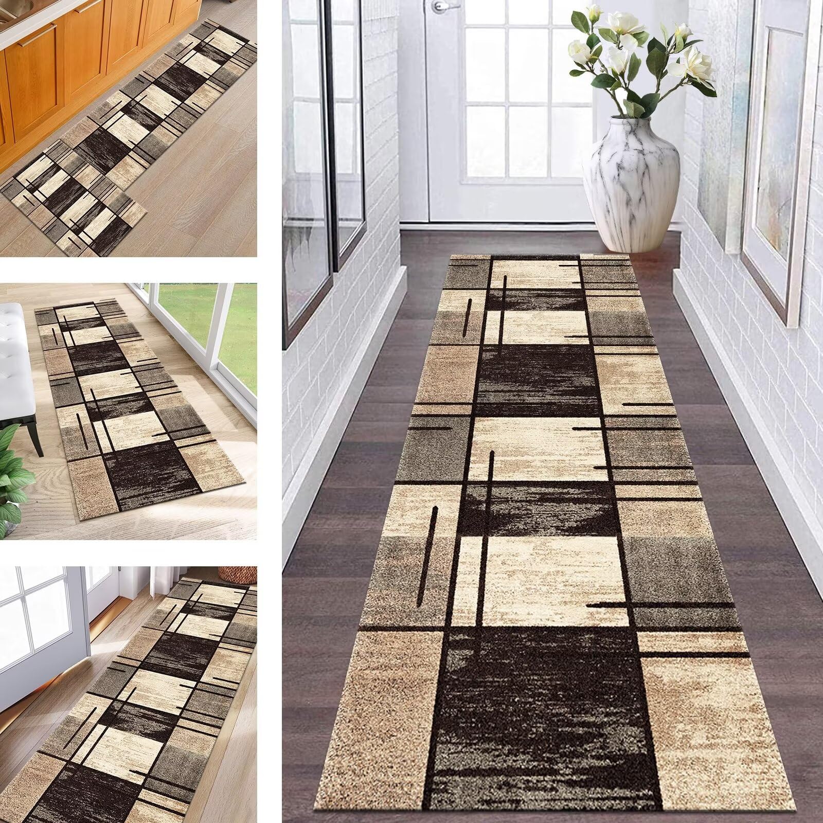 Alfombras de Pasillo Larga Alfombra Cocina Antideslizante Lavable Alfombras de Entrada Interiores Duradero 100X250CM Alfombras Corredor Marrón Salón Dormitorio Baño del hogar Alfombrillas