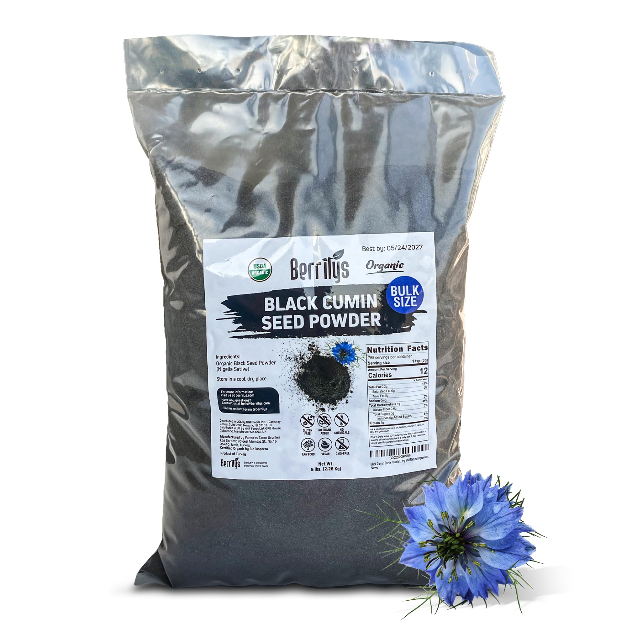 Black Cumin Seeds Powder, Organic, Berrilys, Ground, Also Known As Nigella Sativa, Kalonji, Black Cumin Seed Flour, Great for Baking and Bread Making, Spicy Flavor, Healthy & Versatile Ingredient, 5LB