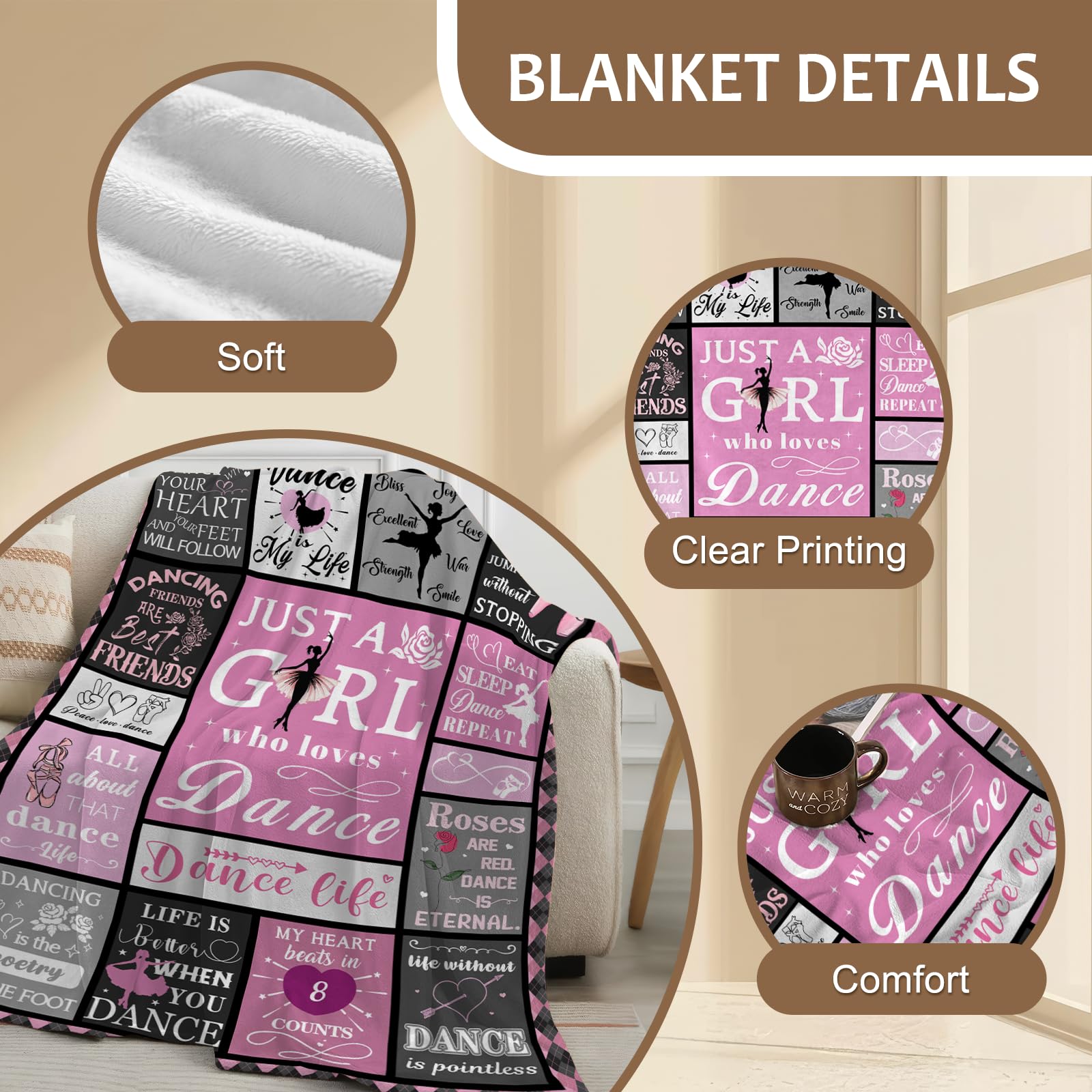 Yasrlvun Dance Gifts for Girls Ballet Gift 50x60 Inch Ballerina Blanket Dance Teacher Gift Gymnastics Gift for Girls Cozy Ballet Blankets - Image 3