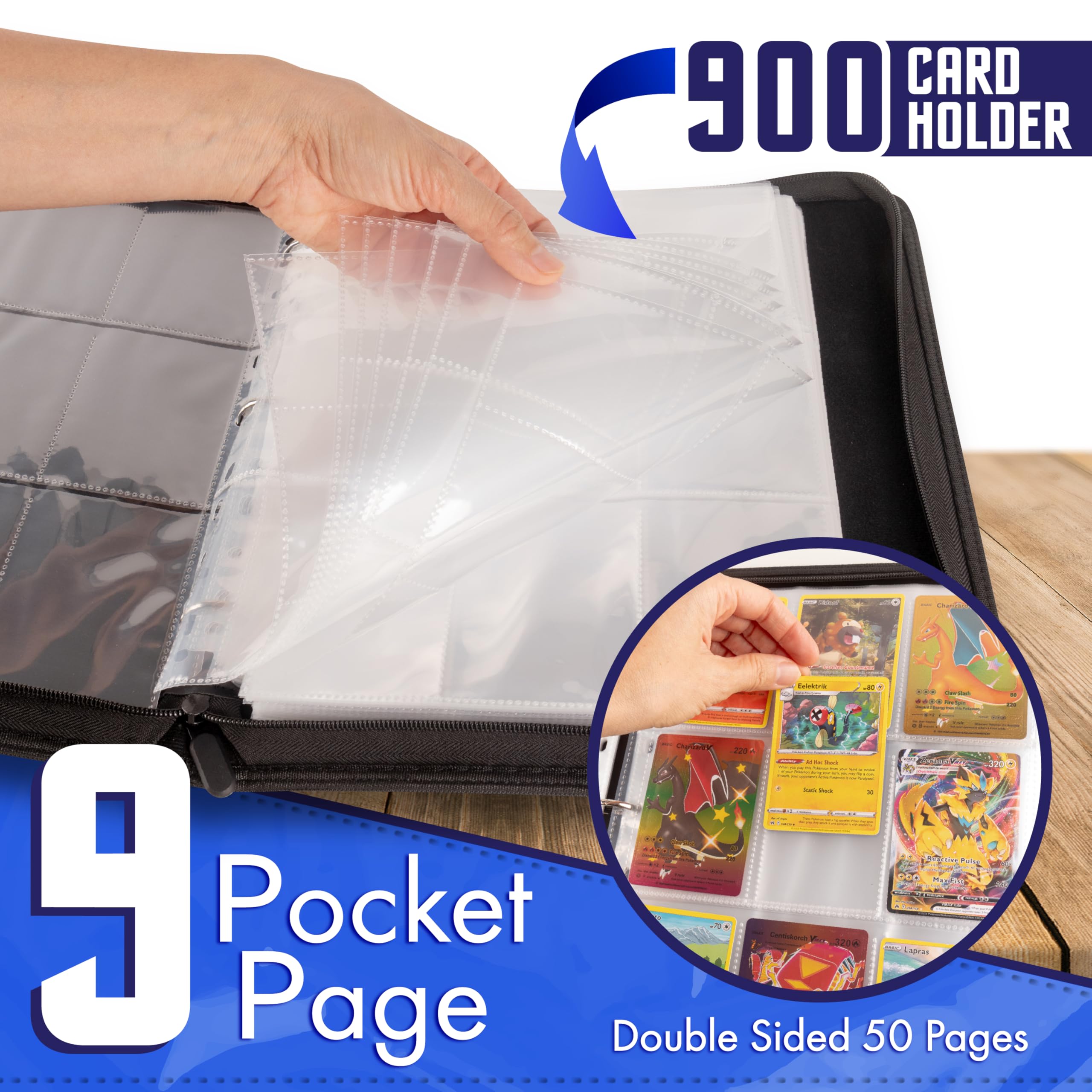Amazon.com: Pokemon Card Binder 900 Pocket with Magnifying Glass - Trading  Card Storage Album Zipper 3 Ring for MTG Sports Cards TCG