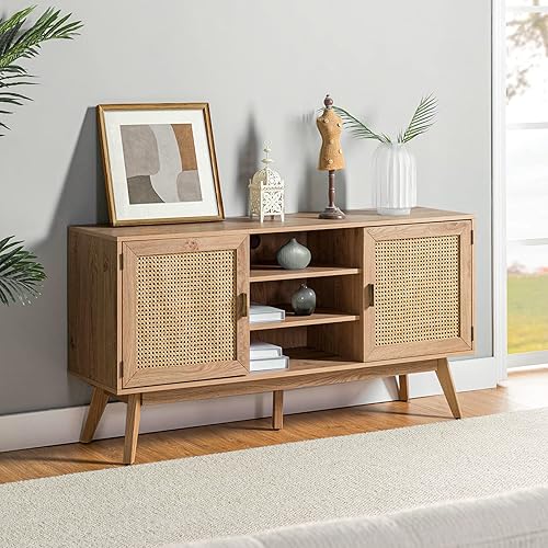 TINA'S HOME Soporte de TV de granja para televisores de hasta 65 pulgadas, centro de entretenimiento bohemio de 57 pulgadas con 3 estantes y 2