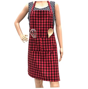 Pixel Home Cotton Checks with Front Center Pocket Design Apron (Red) - image, photos