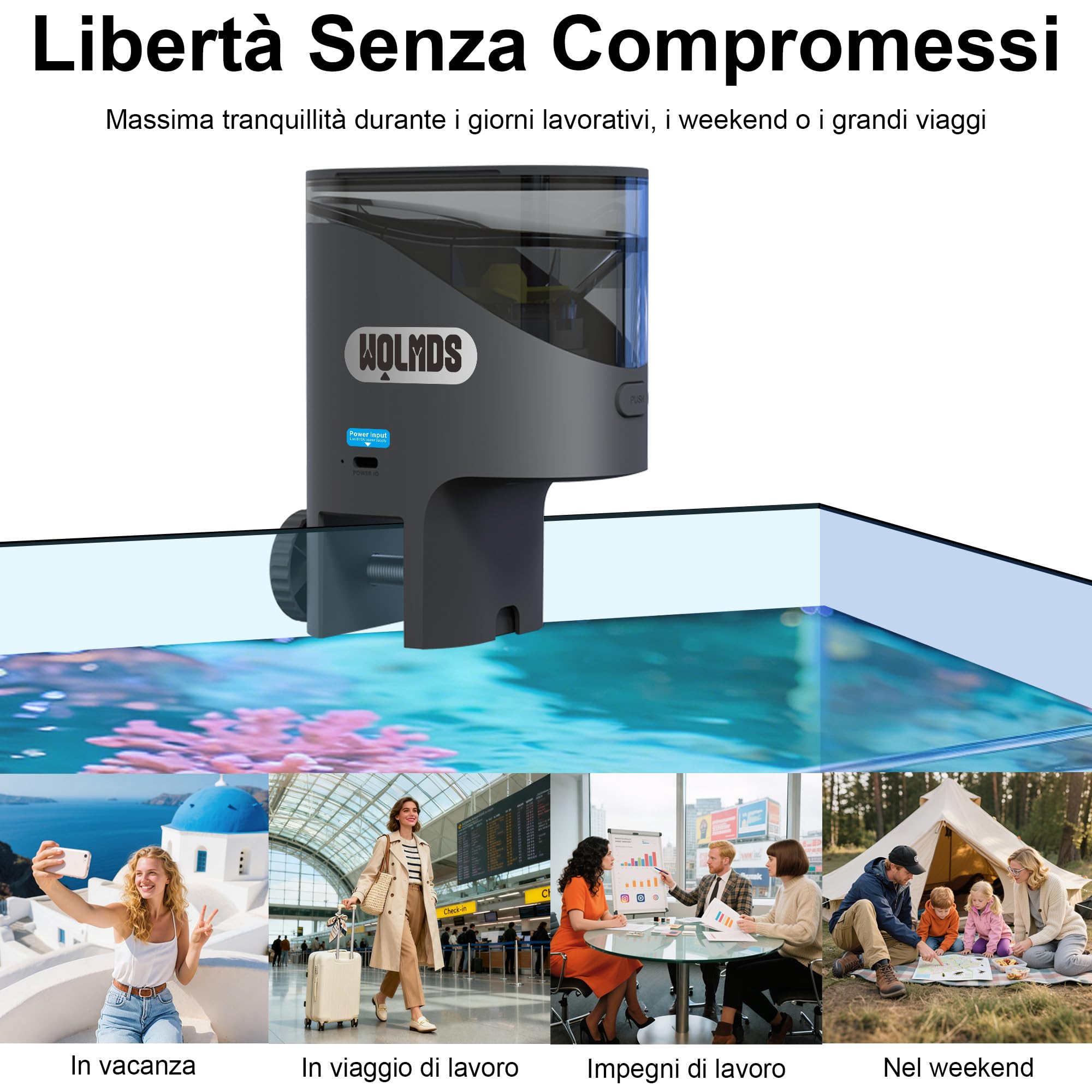 Distributore Cibo Pesci Automatico WiFi con Telecamera 2.5K HD, Mangiatoia Smart App 2.4G/5G, Dosaggio 0.2g/0.6g, Bianco