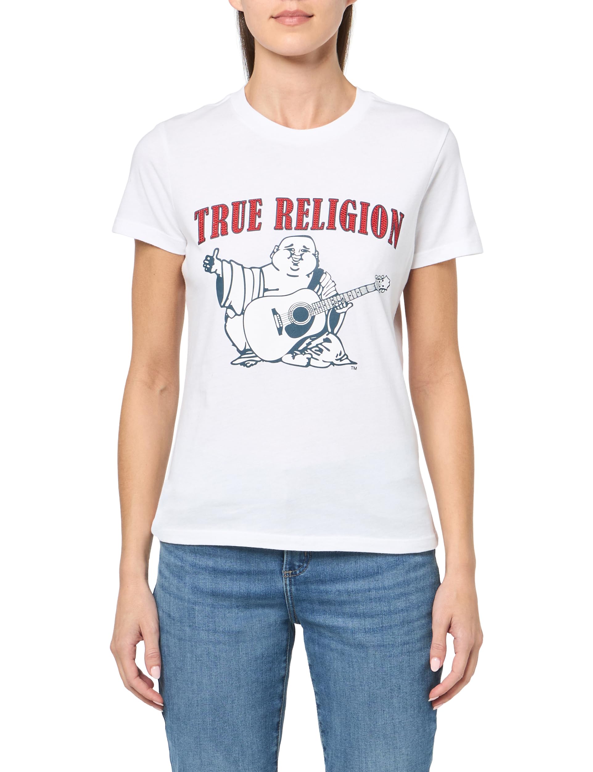 True Religion Women's Jet Black Buddha Slim Vneck Tee, Xs