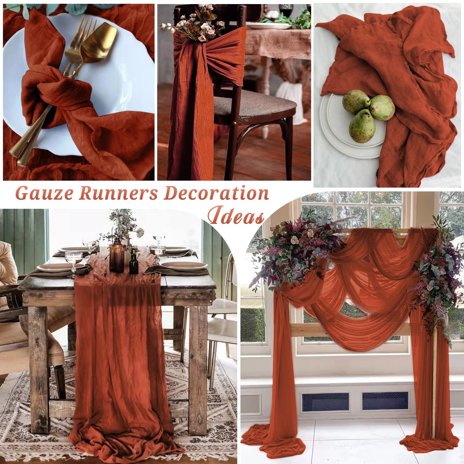Terrakotta-Käsetuch-Tischläufer, 3 m, Gaze-Tischläufer für Hochzeitsempfang, durchsichtig, Brautparty, Geburtstag, Party, Boho-Tischdekoration, rustikal, romantisch, Hochzeitsläufer, 24 Stück