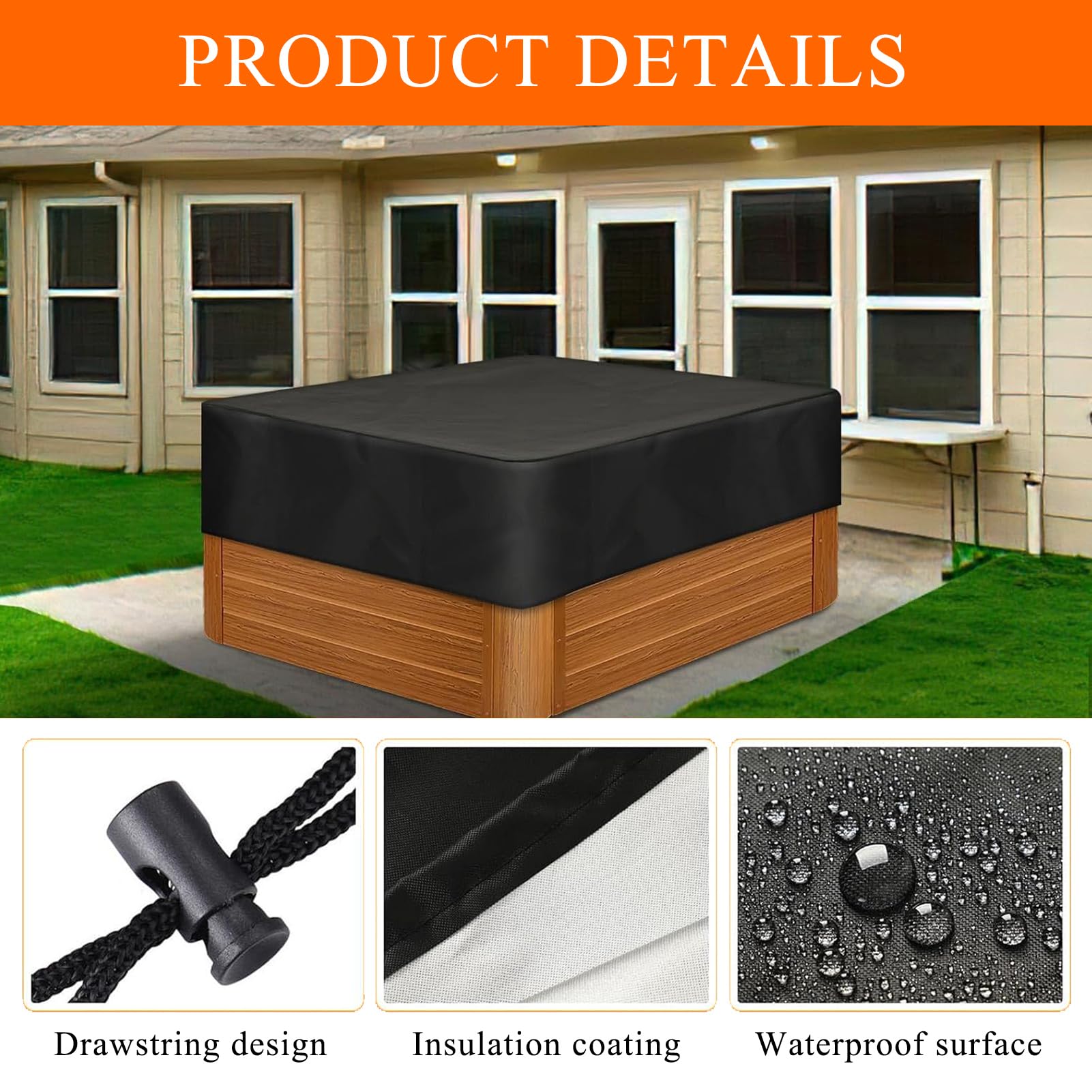Housse de Protection pour Bain à Remous de Jardin | Imperméable Couverture de Piscine Carrée pour Patio Extérieur | Extérieur Carré De Couverture De Spa (Noir,260x160x20 cm)