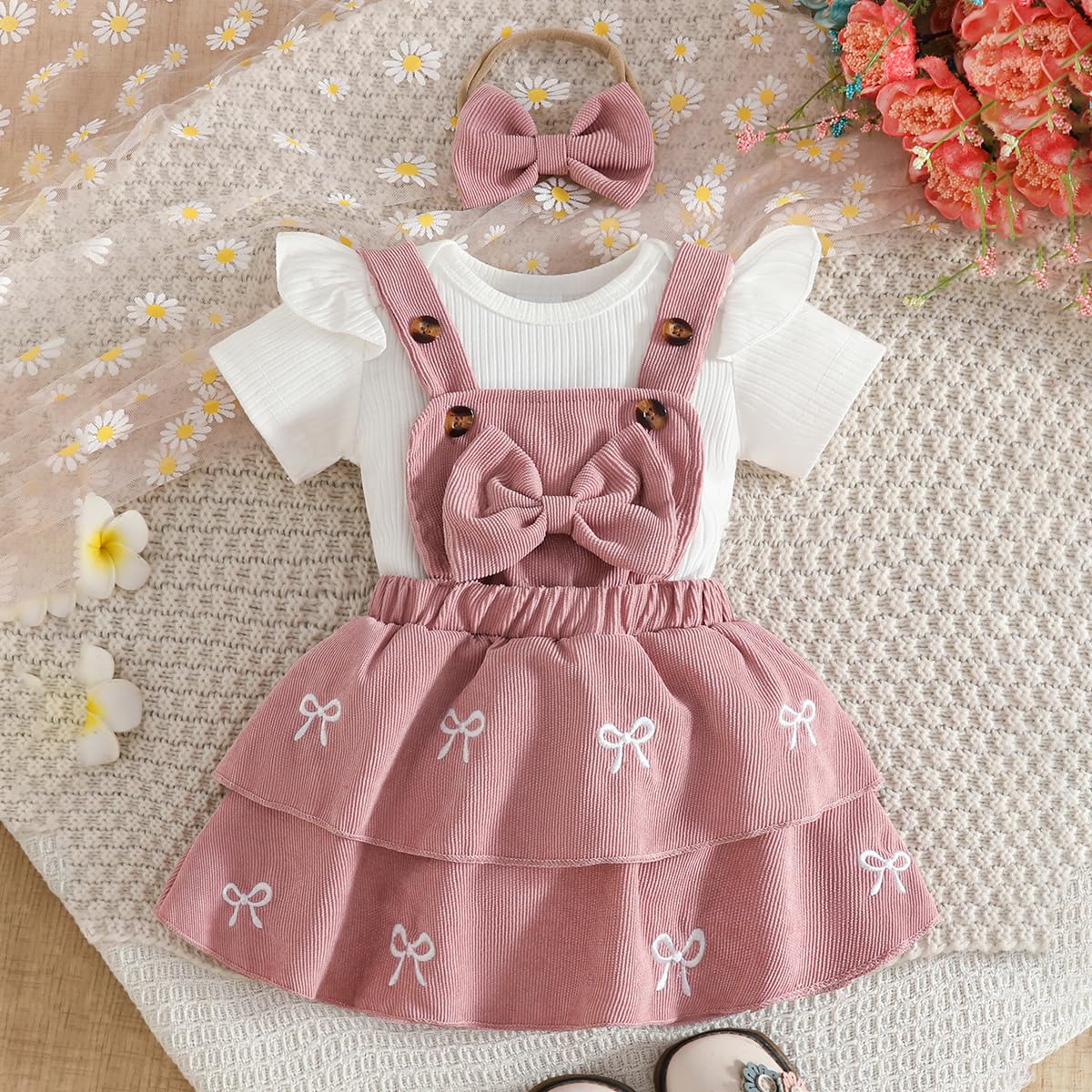 JENJON Baby Mädchen Sommer Röcke Sets Kleid Säugling Kurzarm Geripptem Oberteil mit Schleife/Plaid Cord Hosenträgerrock Set 3-teiliges Outfits - 3