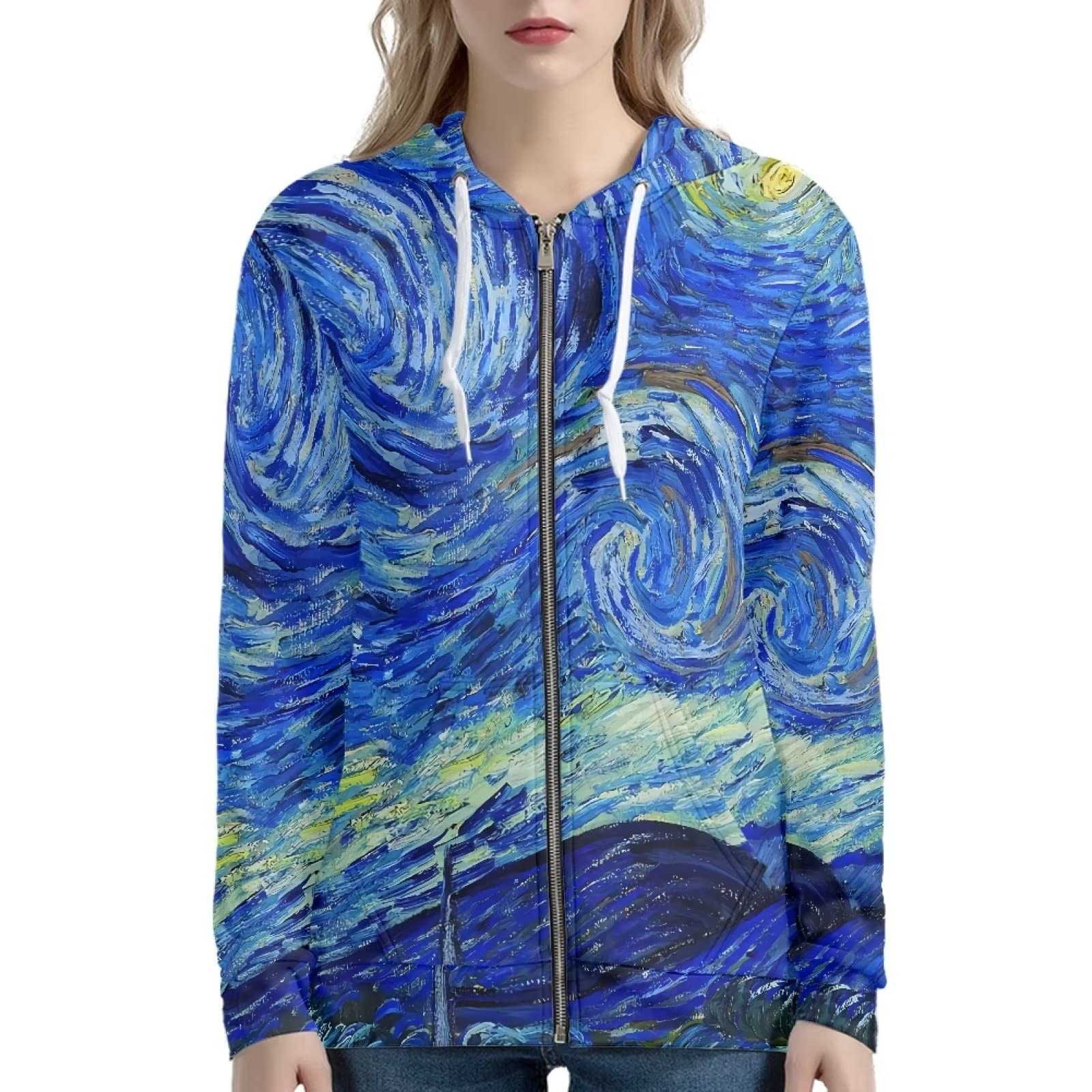 Xoenoiee Stampa 3d Donne Zip Up Felpe Felpa Giacca Manica Lunga Camicie Streetwear Pullover Top Con Tasca, Notte stellata, M