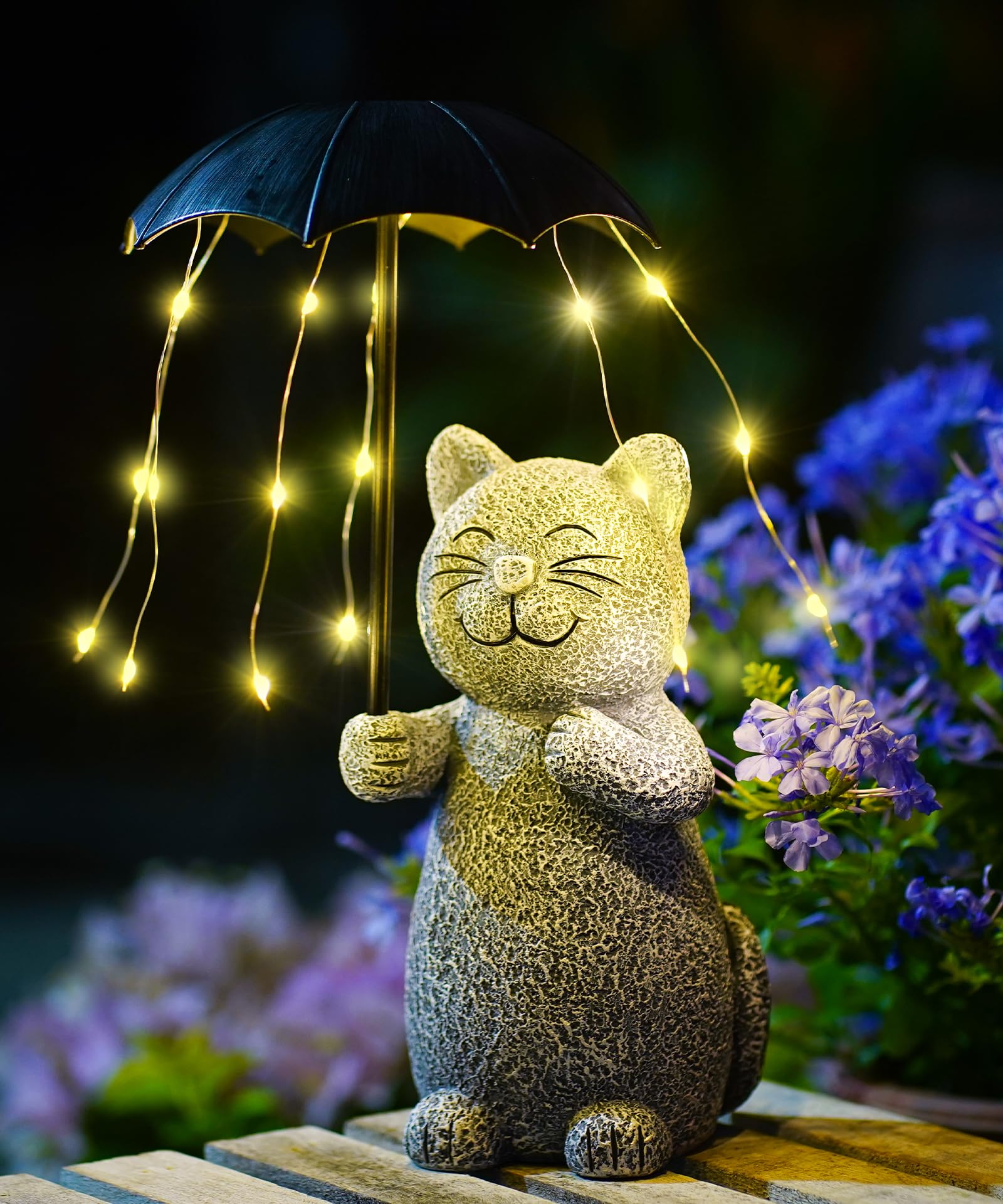 Yeomoo Katzen Gartendeko mit Solar LED Regenschirm, 20 cm Höhe, Graue Katzenfigur mit Lichterkette, Wetterfeste Gartenfigur für Terrasse und Wohnzimmer