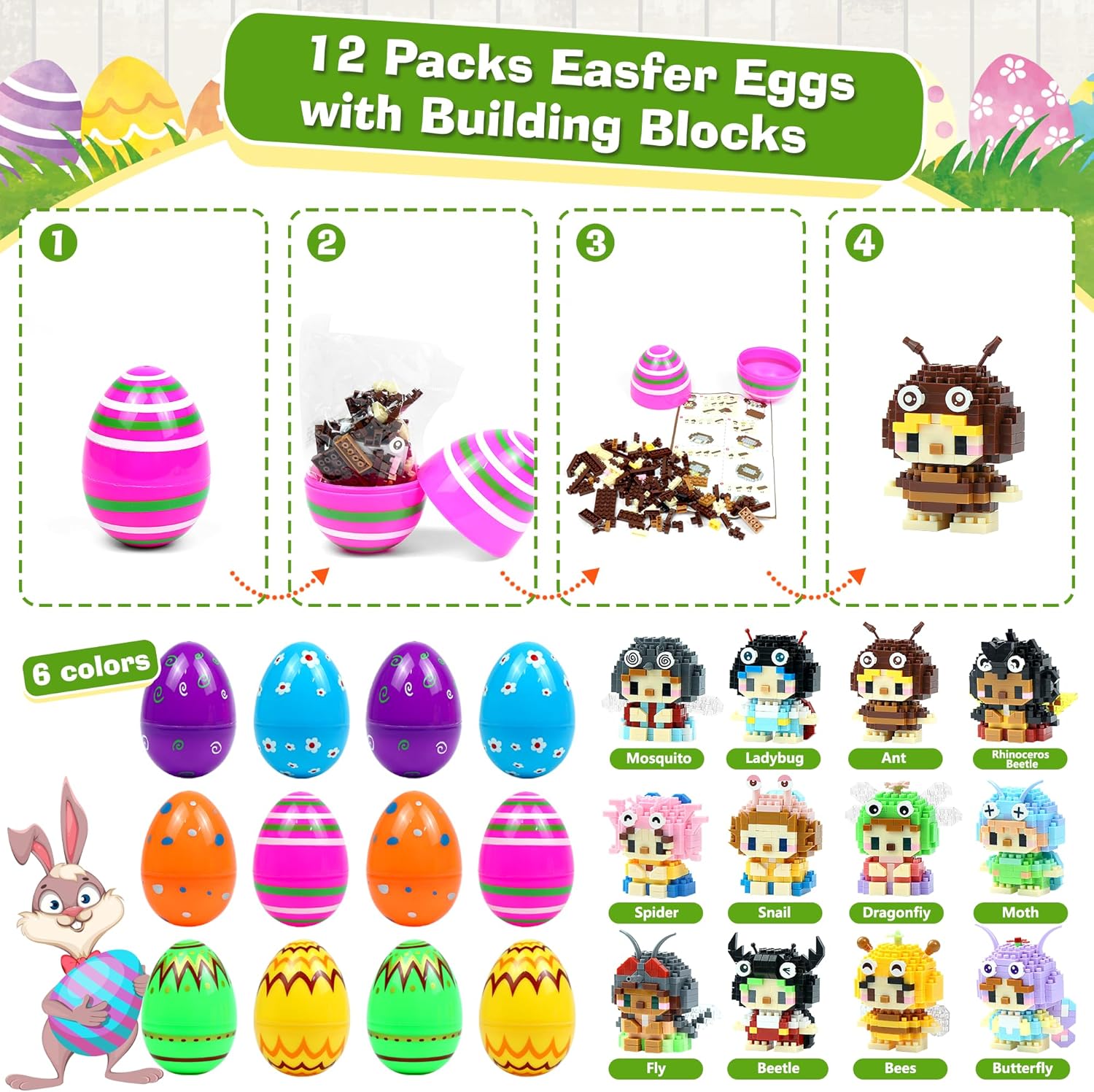 Mini Building Block Sets Animal 12 Pack，Party Favors for Kids Building， Prefilled Easter Eggs with Toys 6+ (Insects)