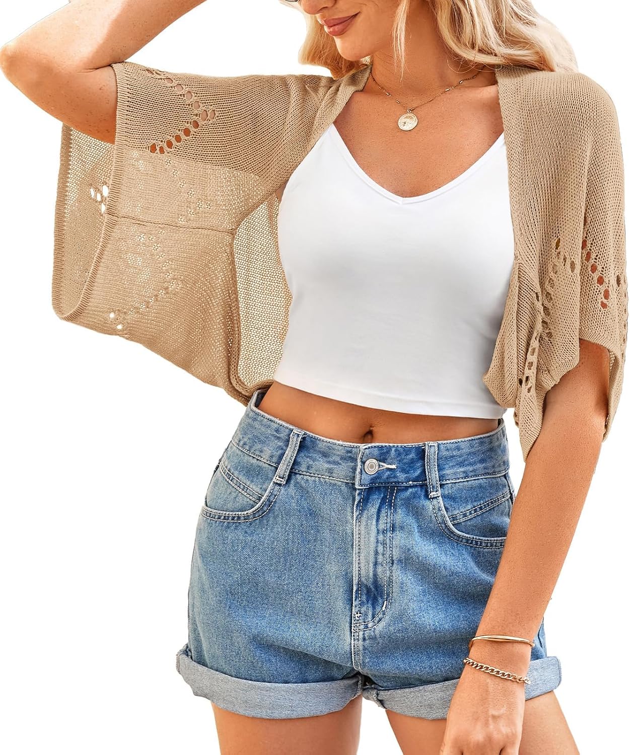 BB&KK Women's Summer Crochet Cardigans Hollow-Out Batwing Short Sleeve Lightweight Open Front Shrug Bolero Sweaters