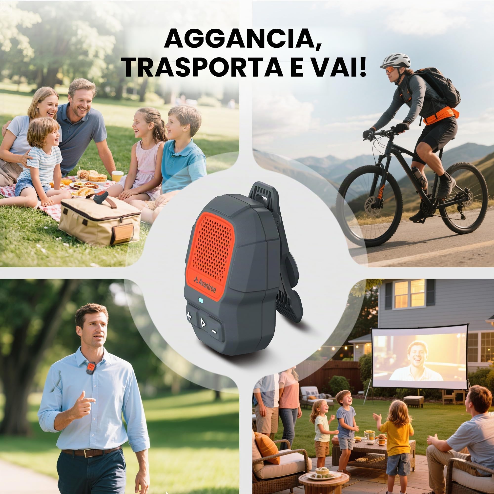 Avantree HomeBuddy – Mini Speaker Bluetooth Auracast IP67 Rosso | Altoparlante portatile clip-on con 15 ore di autonomia, resistente all'acqua per musica e chiamate indoor e outdoor