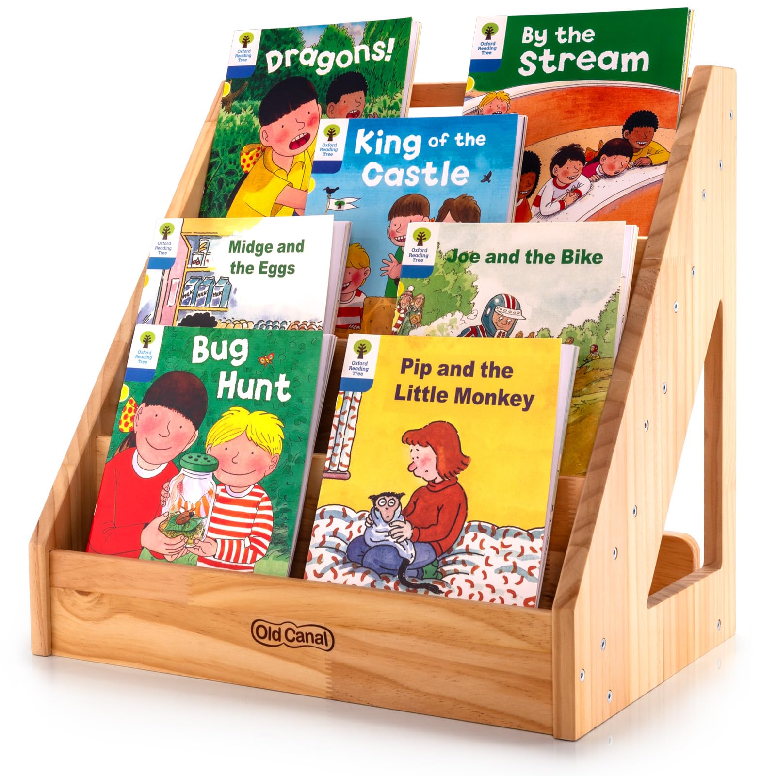 Old Canal Montessori Bookshelf, Kids Bookshelf and Toy Storage Organizer with Deep Sleeves, Toddler Book Shelves with Handle & Anti-Tilting Design, 5-Tier Pine Book Shelf for Kids Rooms, Nursery