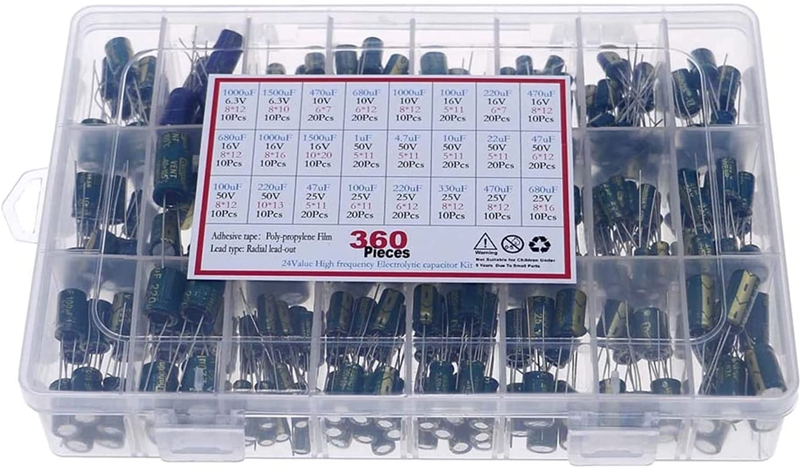 Accesorios electrónicos Kit de condensadores 360 unids/caja 24 valores conjunto de condensadores electrolíticos de alta frecuencia 1UF-1500UF condensadores de aluminio 6,3 V-50V condensadores ESR bajo