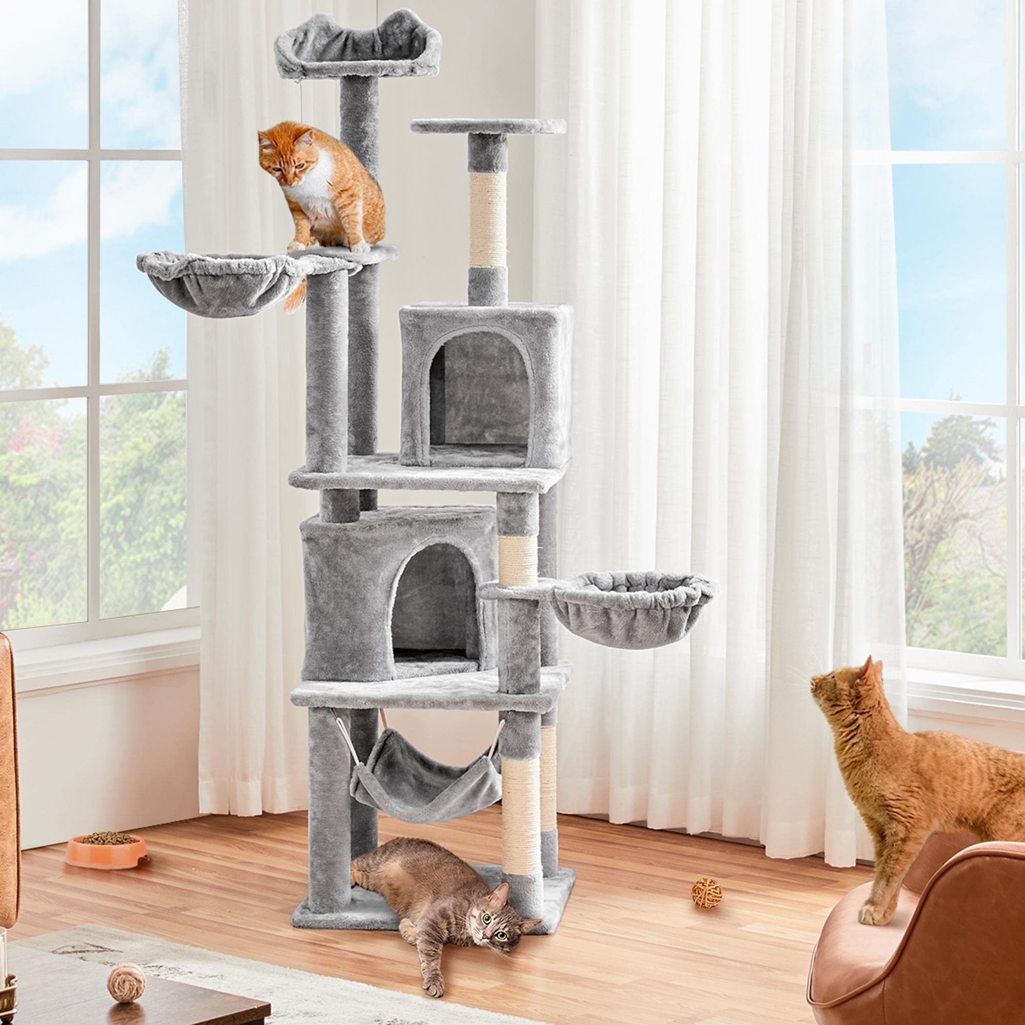 Yaheetech Albero Tiragraffi per Gatti 174,5 cm in Truciolato e Corda in Sisal con Condomini Posatoi e Ceste per Relax e Pisolini Multilivello Altezza Grigio Chiaro