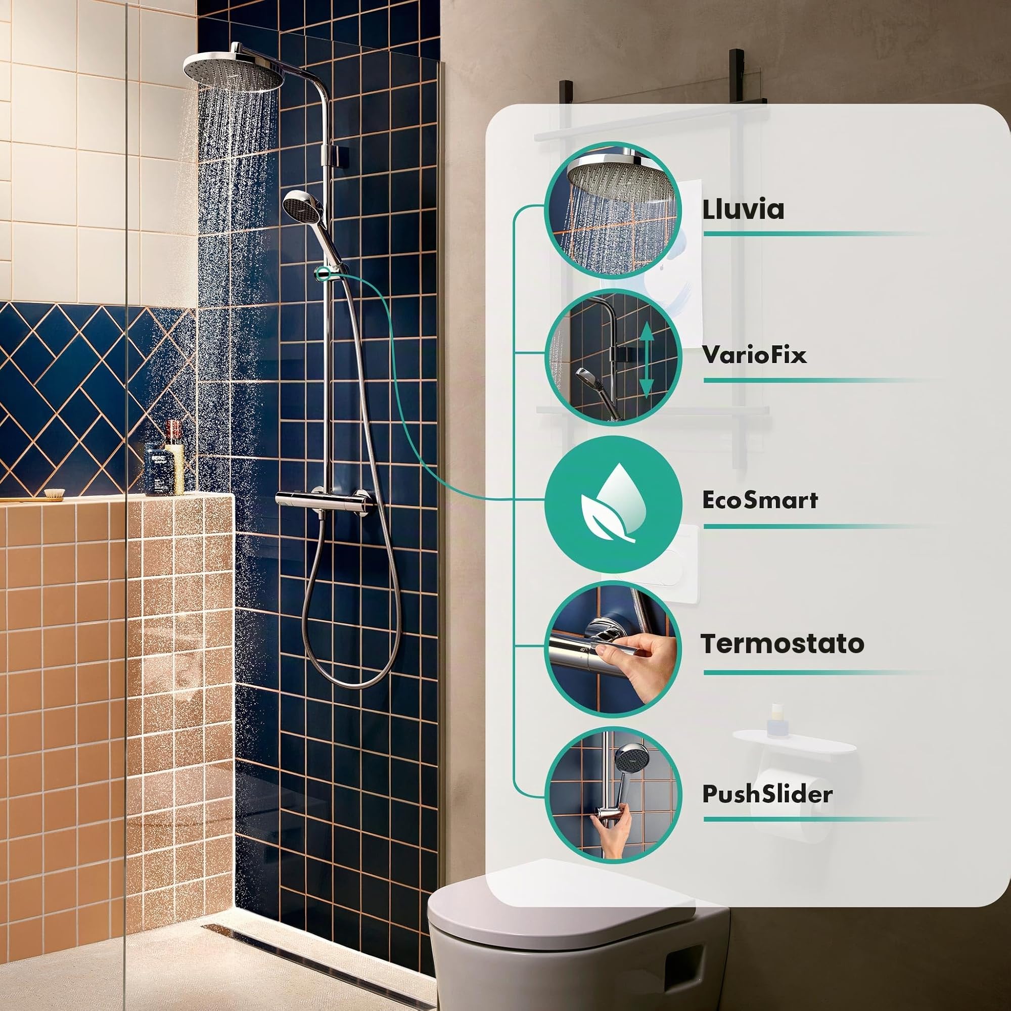 hansgrohe Activera S - sistema de ducha ahorro de agua (EcoSmart) con termostato, ducha lluvia (240 mm) con grifo, ducha de mano (2 tipos de chorro), flexo, barra, ducha fija redonda, cromo, 28078000