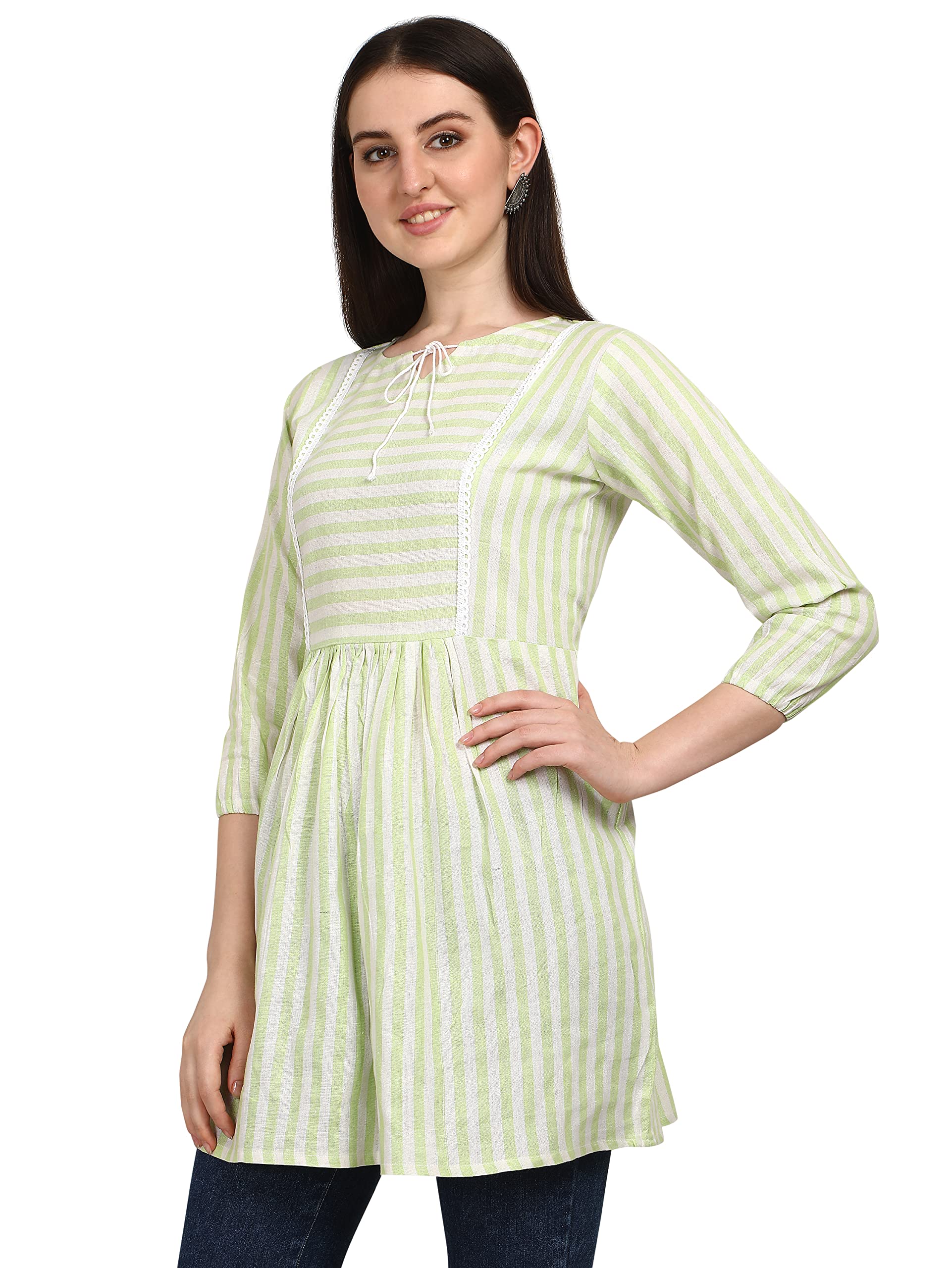 Leriya Fashion Women's Rayon Lining Design Printed Tunic Regular Short Kurti (Large, Light Green)