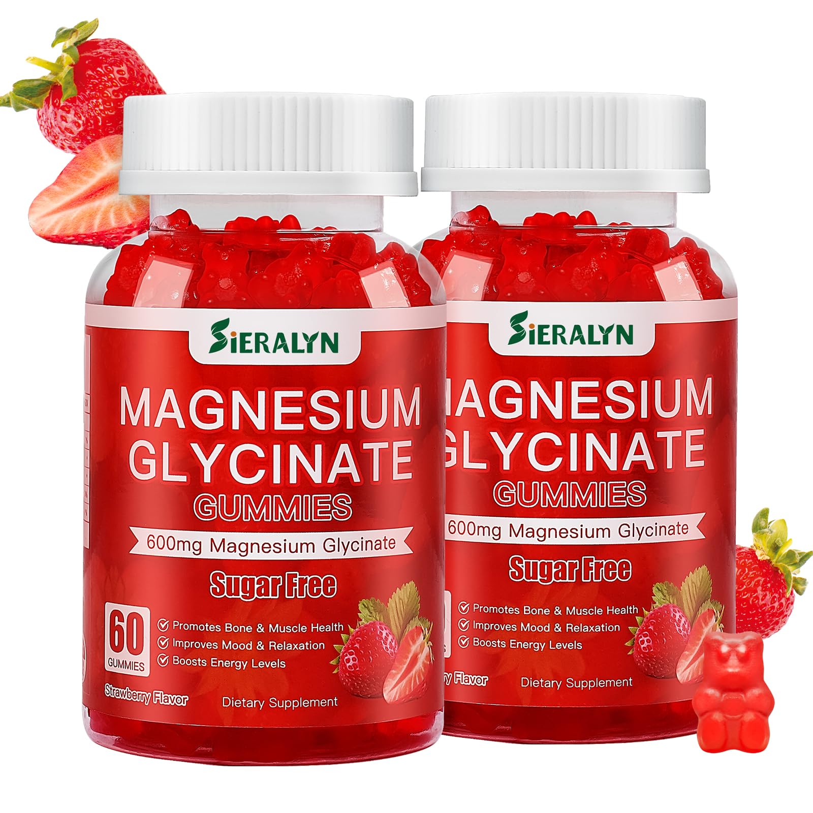 Magnesium Glycinate Gummies 600mg, Sugar Free Magnesium Gummies for Adults 60 Count (Pack of 2)