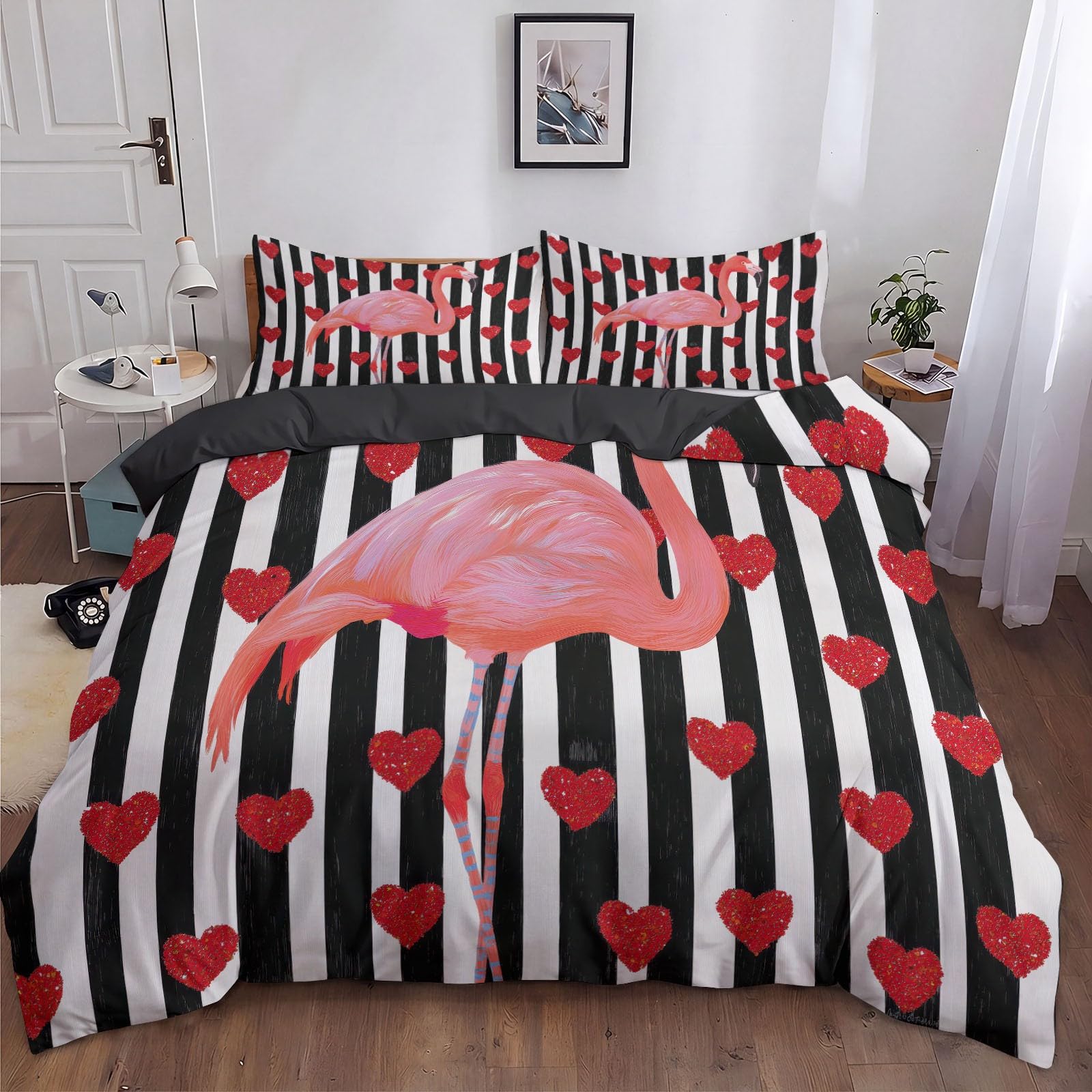 Flamingo Pościel w kształcie serca, 200 x 220 cm, czarna, poszwa na kołdrę z zamkiem błyskawicznym, nowoczesna pościel dwustronna, z mikrofibry, oddychająca, zestaw pościeli z zamkiem błyskawicznym i