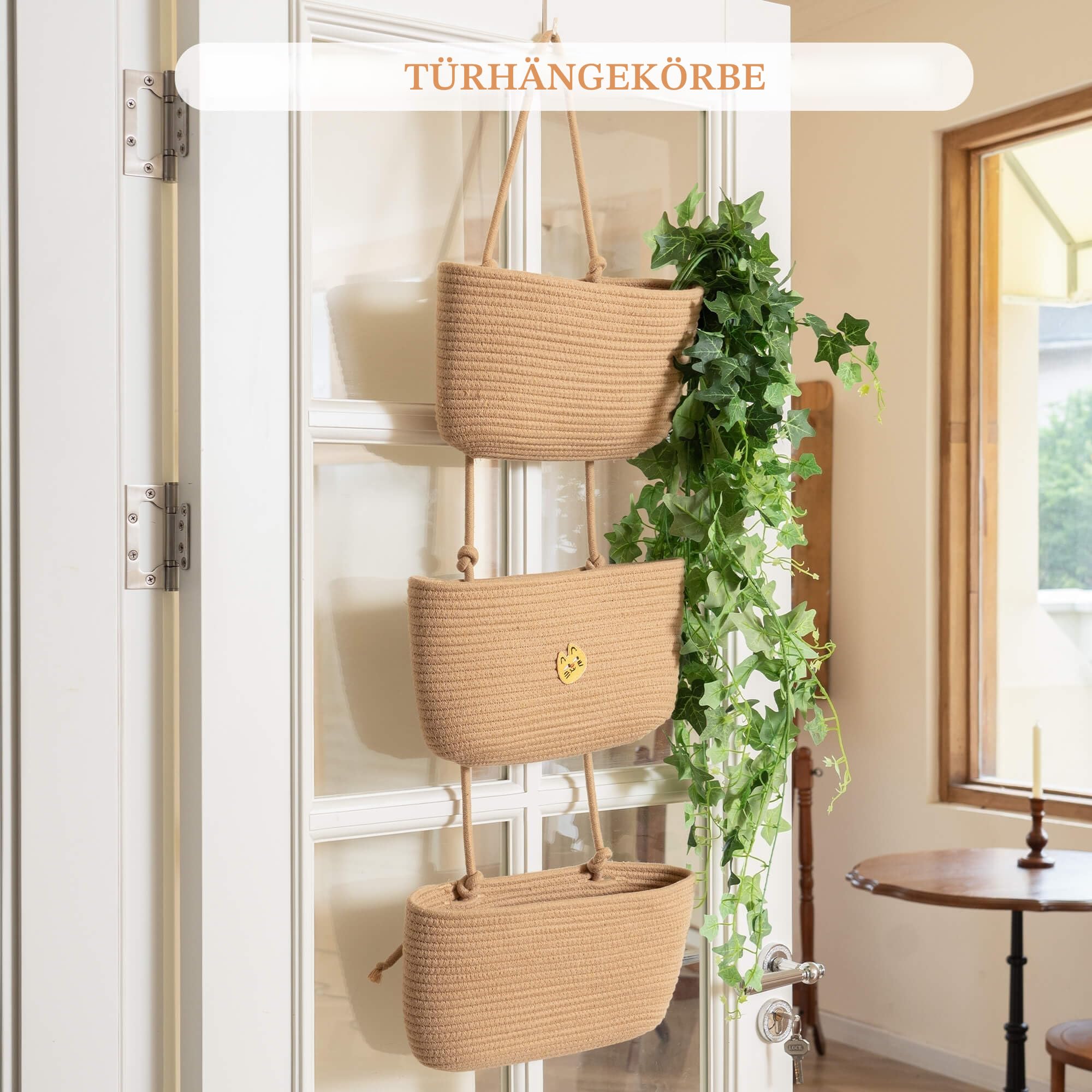 TeoKJ Hängekorb für die Tür, 3-stöckig Wandorganizer Hängend Veranstalter lagerung körbe aus Baumwollseil Gewebt mit Haken für Wand, Hängeregal Bad, Hängekorb für obst – Honigfarbe