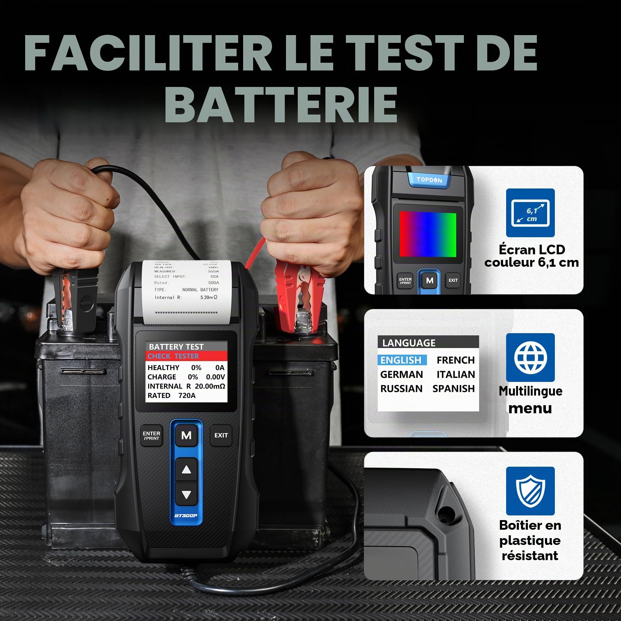 Testeur de Batterie TOPDON BT300P12V 24V Testeur batterie voiture professionnel Analyseur de système de démarrage avec imprimante intégrée pour voiture camion SUV moto bateau