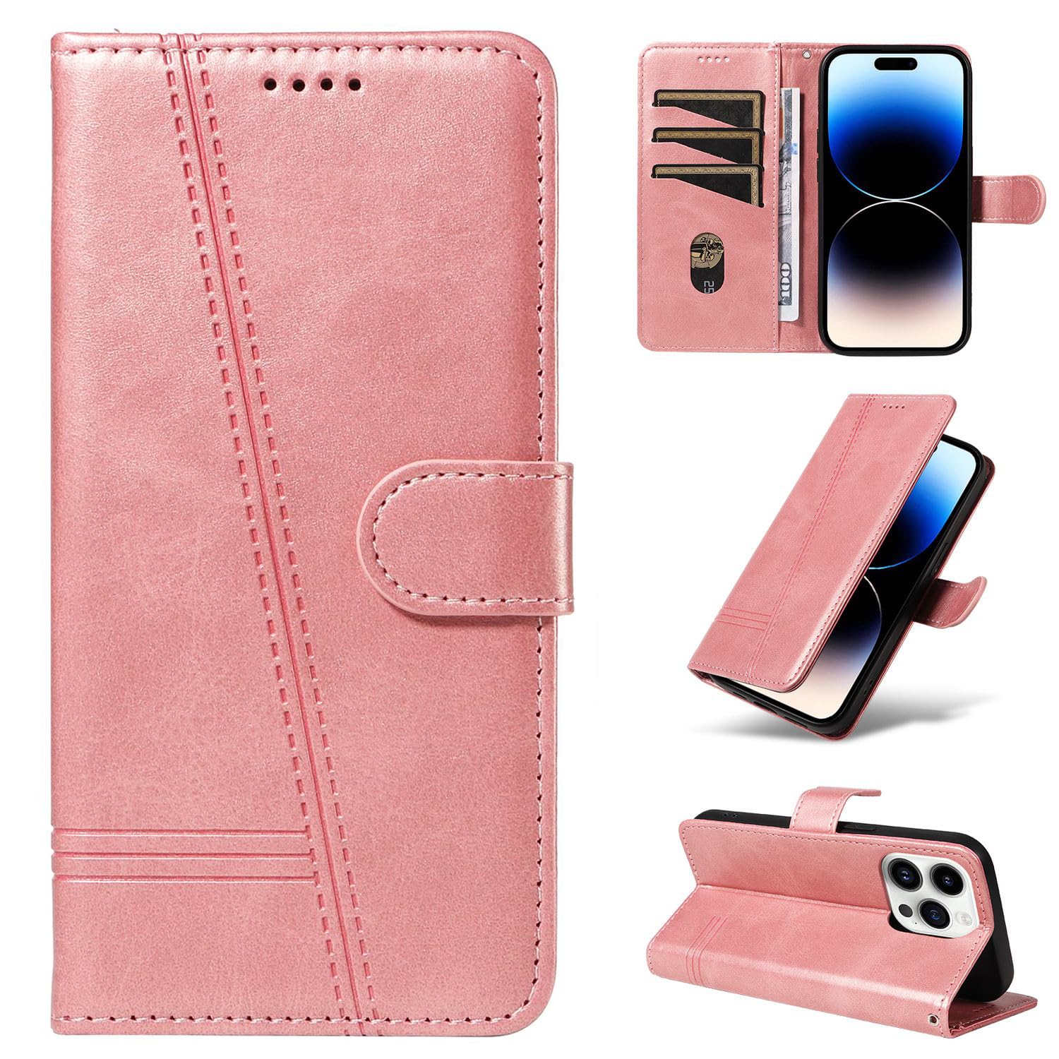 Phone Cases for Samsung Galaxy S26 Ultra Case Wallet Magnetic Flip with Card Slot Leather Cover T-Shaped Pressing line (Rose Gold.)
