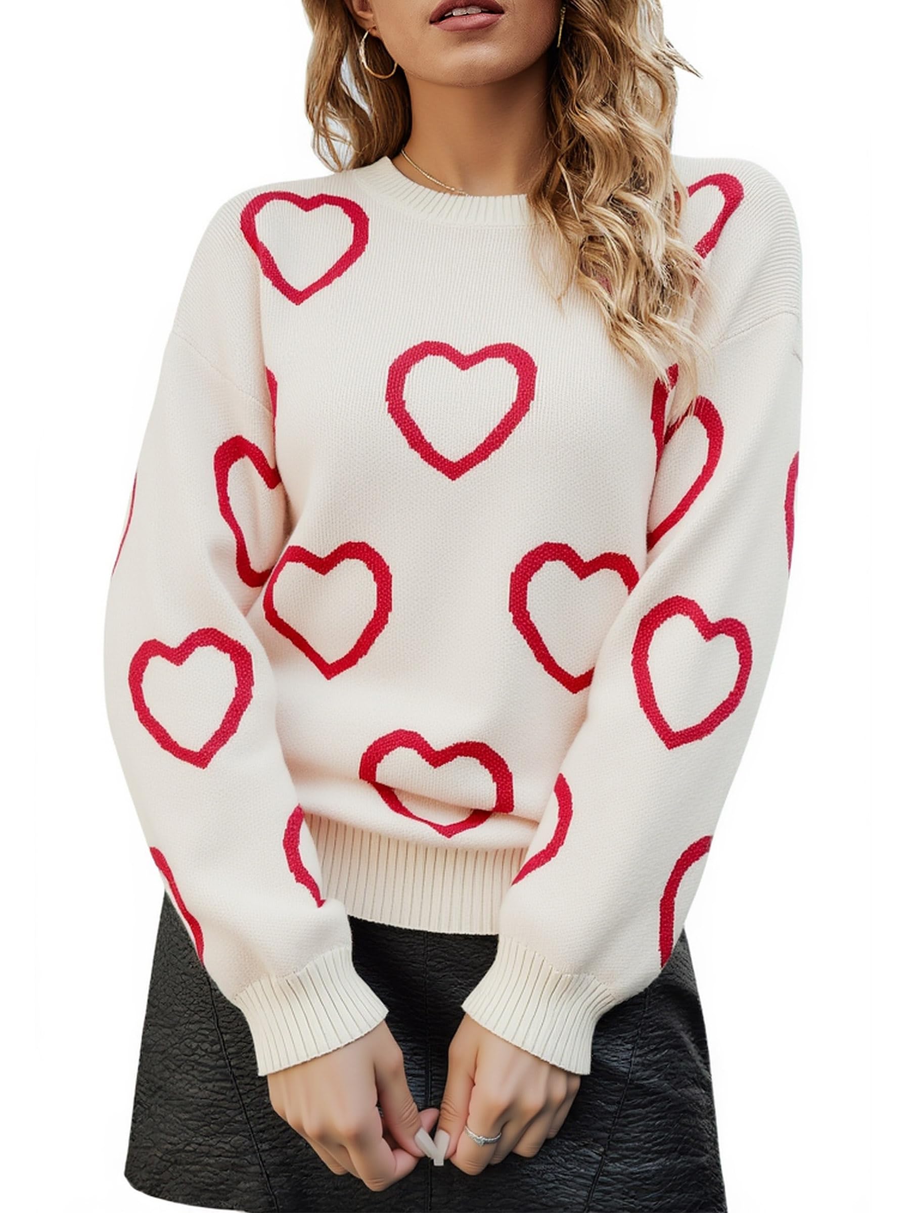 ECOWISH Women Valentine Heart Sweater V Neck Embroidery Knit Loose Casual Long Sleeve Ribbed Pullover Sweaters