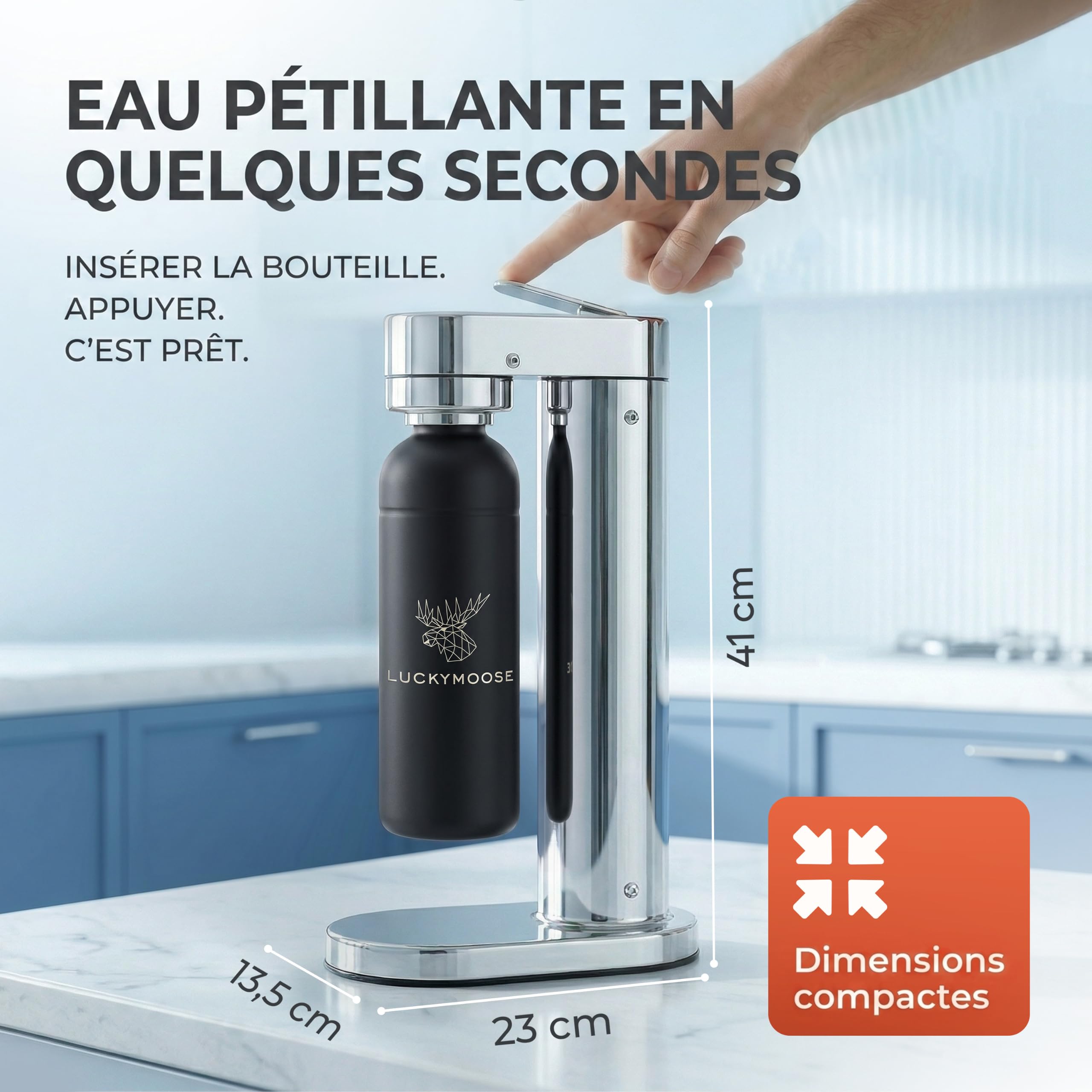 Luckymoose Infinity-S Machine à eau pétillante en acier inoxydable (Silver and Black) – Incl. 2x bouteilles 1,25L en inox – Machine a soda et eau gazeuse Maison & Cuisine & Design Compact