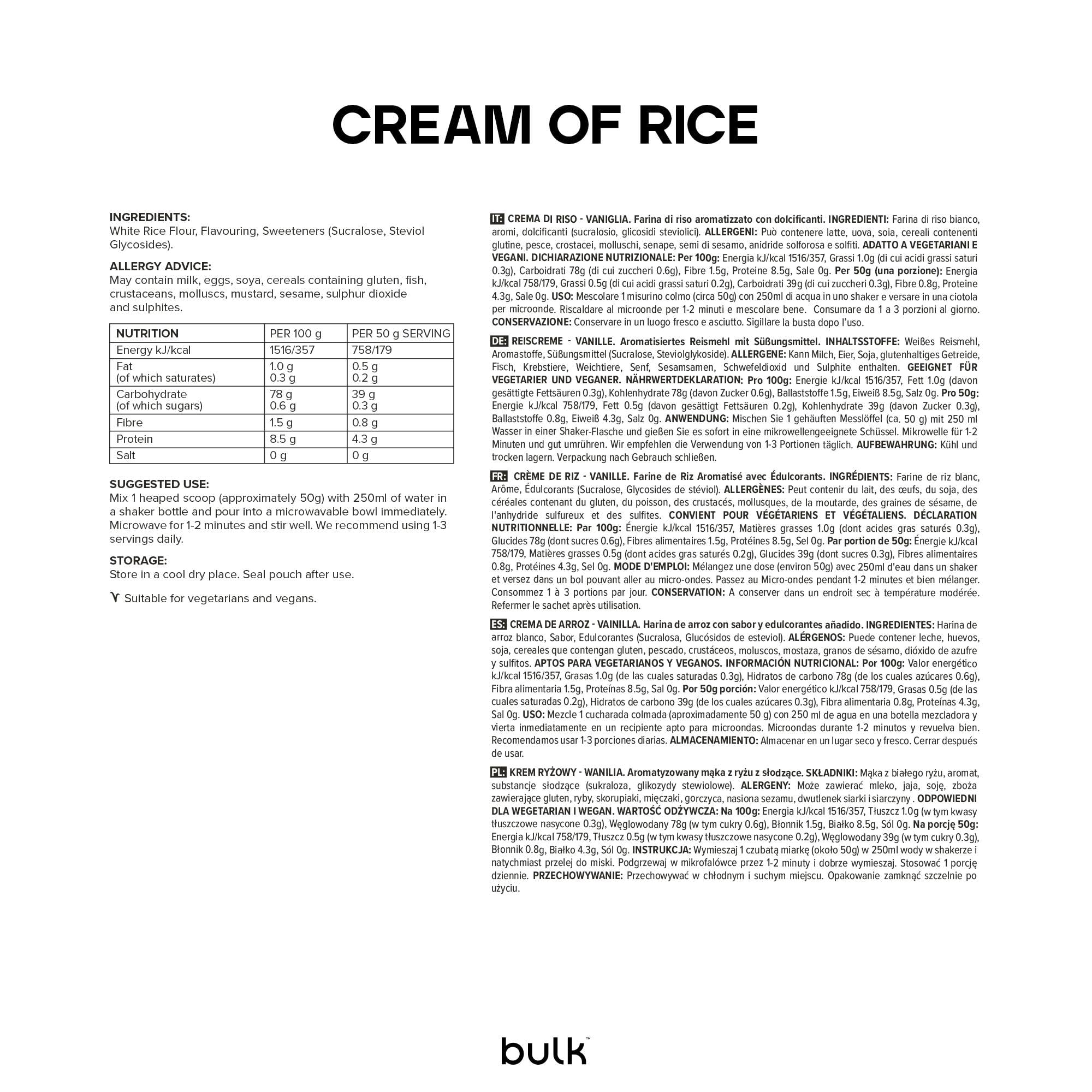 Bulk Reiscreme, Kohlenhydrat-Pulver, Cream of Rice, Vanille, 2,5 kg