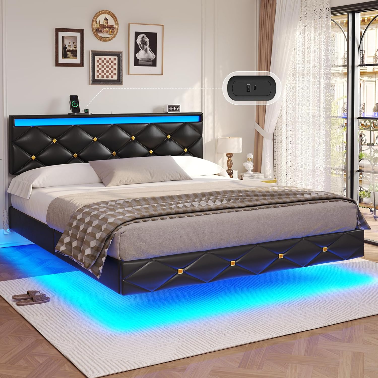 DICTAC Queen Floating Bed Frame with blue LED lights illuminating the floor, showing the floating effect