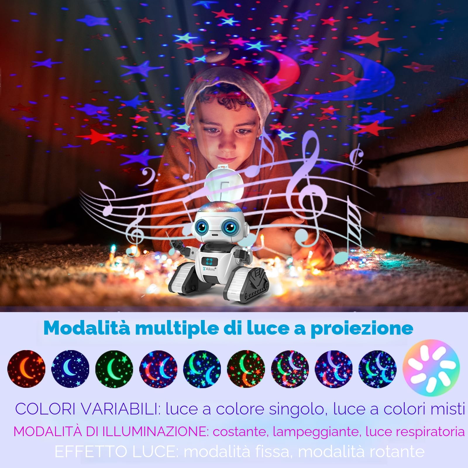 Aikmi Robot Giocattolo Bambini, Robot Telecomandato per Bambini con Proiettore Stelle Soffitto Bambini Luce Notturna, Sensore di Gesti, Musica, Regalo Bambino 6 Anni Giocattoli Bambino
