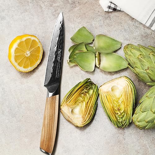 Miniatura 9 de hecef Cuchillo Santoku de Damasco de 7 pulgadas, cuchillo de chef japonés profesional para el hogar, cocina, restaurante, cuchillo ultra afilado de